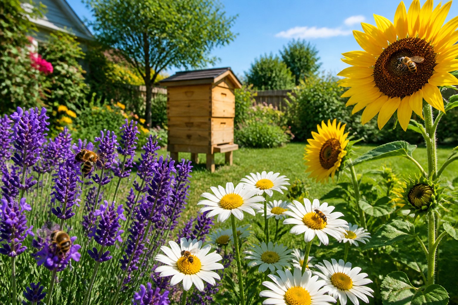 A backyard garden with blooming flowers and honeybees pollinating them near a wooden beehive.