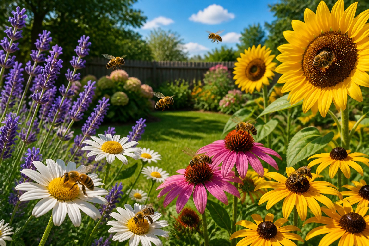 A backyard garden with blooming flowers and honeybees pollinating them under a clear blue sky.