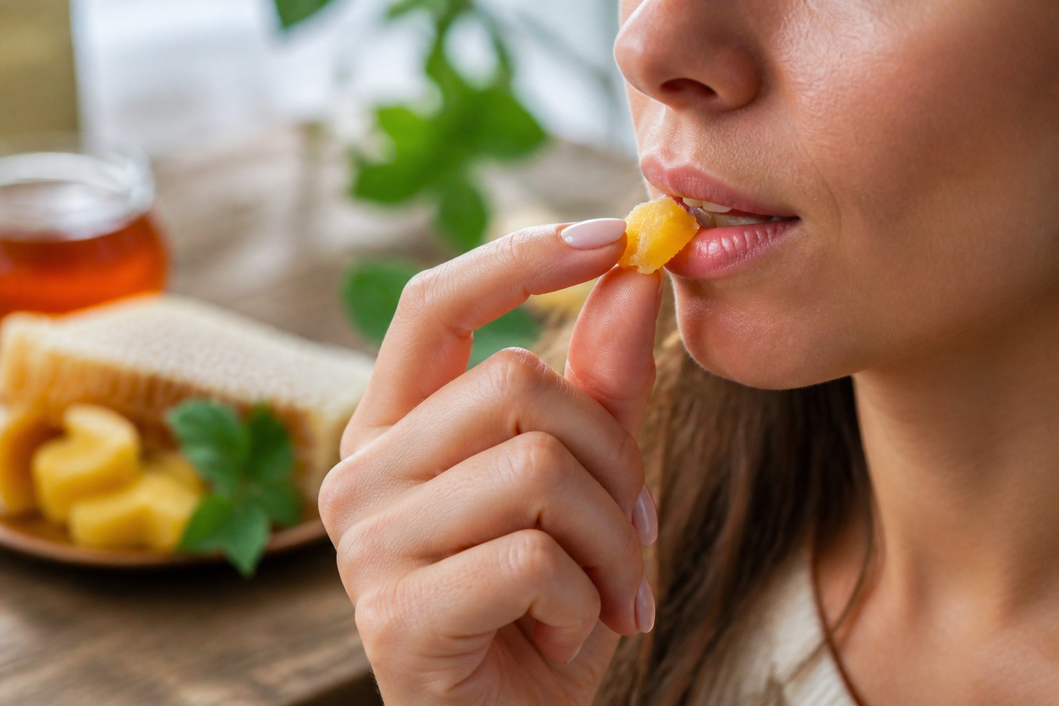 Close-up of a person gently chewing a small piece of beeswax with natural elements in the background.