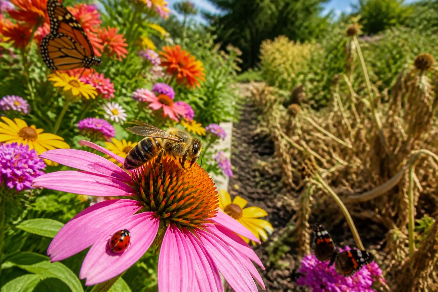 A close-up of a honeybee on a flower in a colorful garden with healthy and wilted plants in the background.