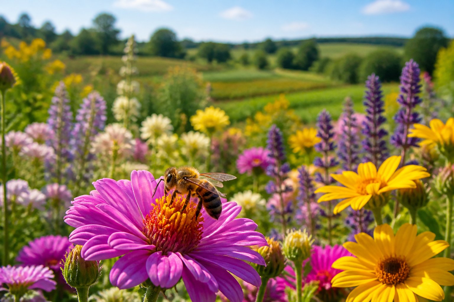 A close-up of a honeybee pollinating colorful flowers in a vibrant garden filled with blooming plants.