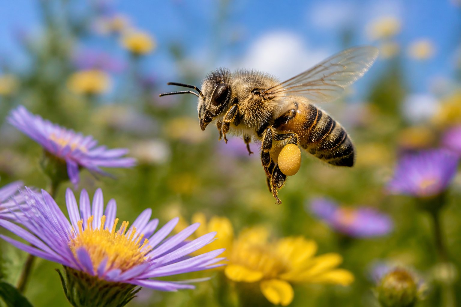 A bee flying above colorful flowers in a sunny meadow with green foliage in the background.