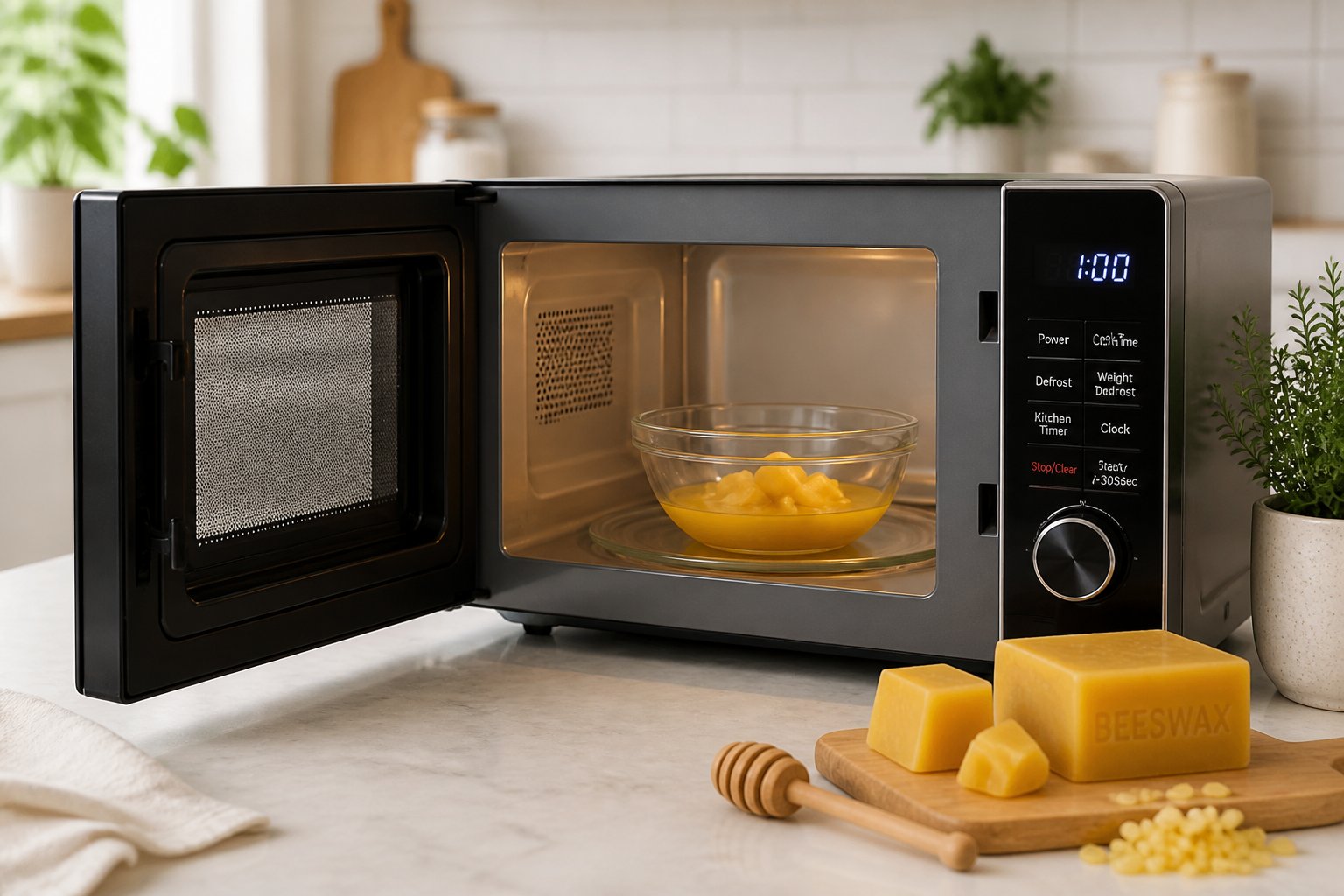A microwave with an open door showing a glass bowl melting beeswax on a kitchen countertop with beeswax blocks nearby.