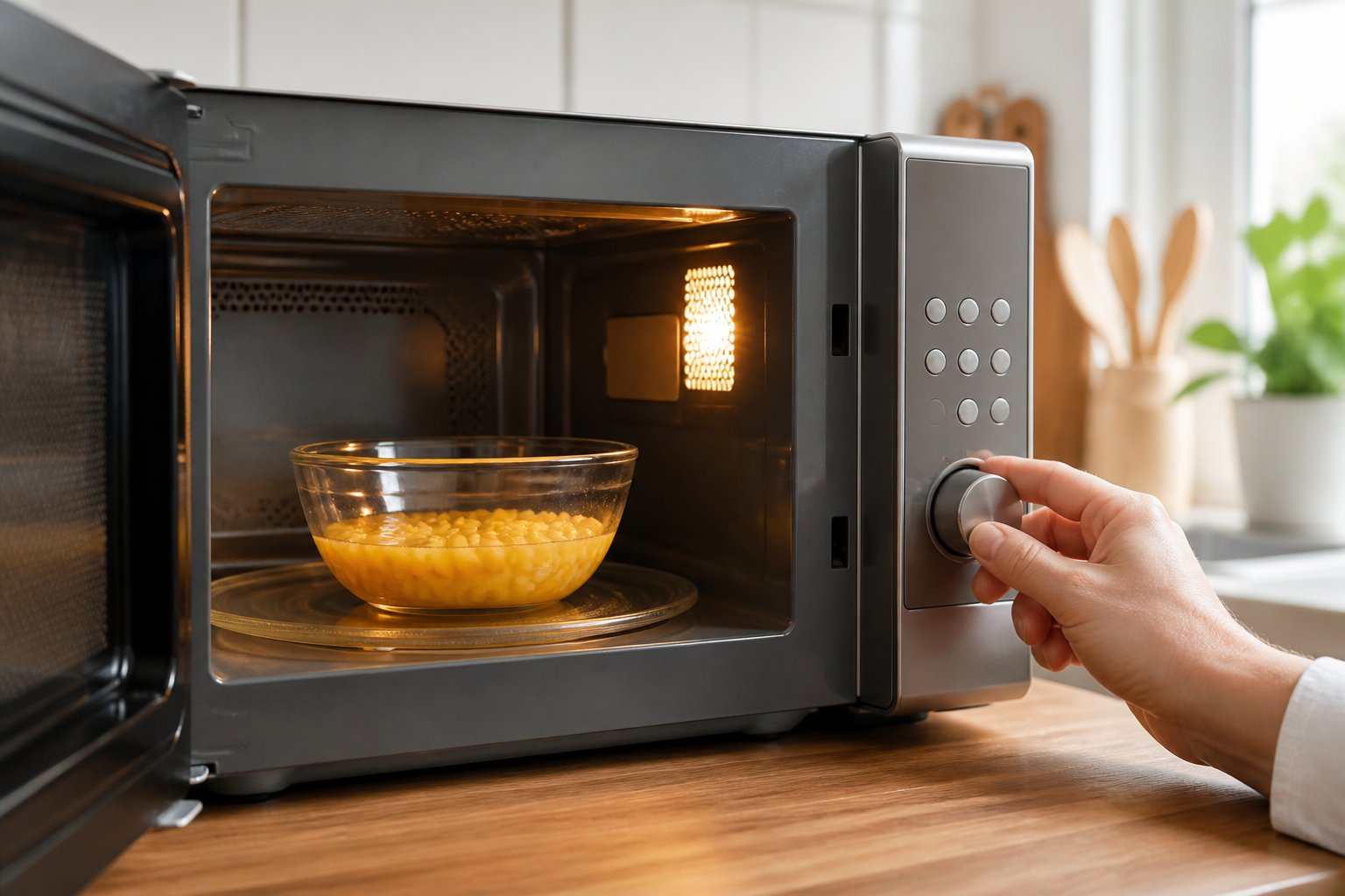 A person melting beeswax in a glass container inside a microwave in a modern kitchen.