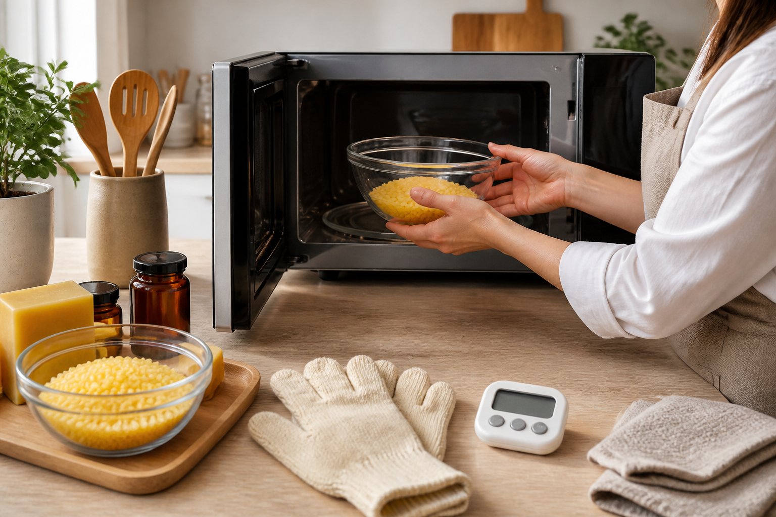 A person placing a glass bowl with beeswax pellets into a microwave in a clean kitchen, with heat-resistant gloves and a kitchen timer on the counter.