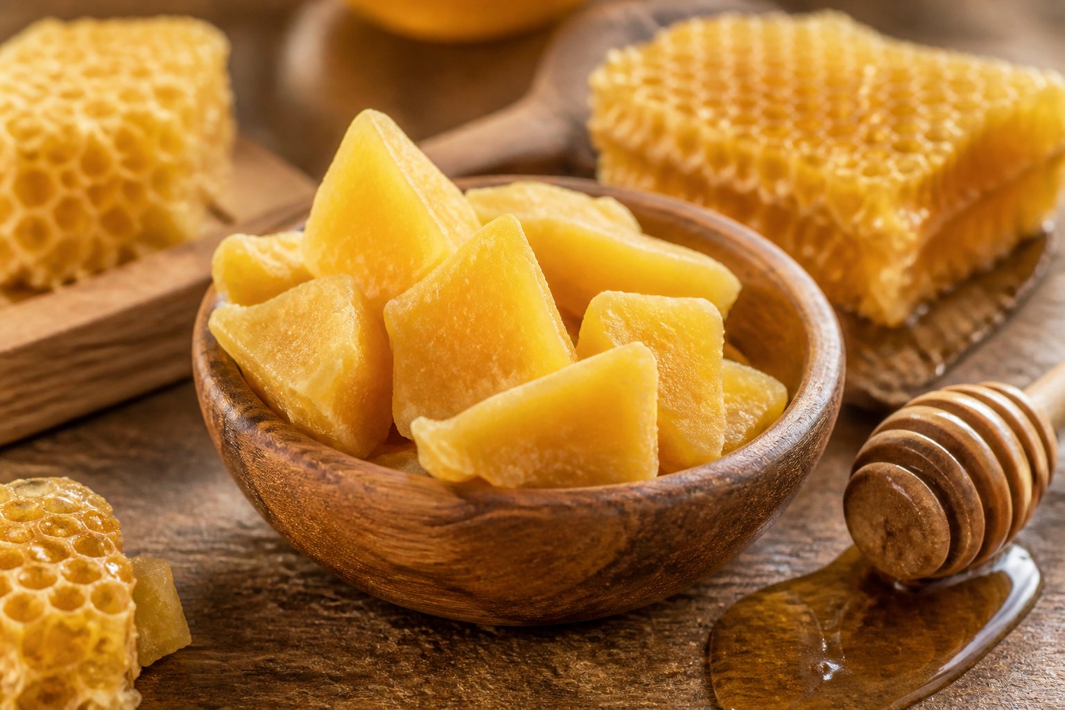 A close-up of a bowl with beeswax chunks, honeycomb pieces, and a honey dipper with honey on a wooden table.