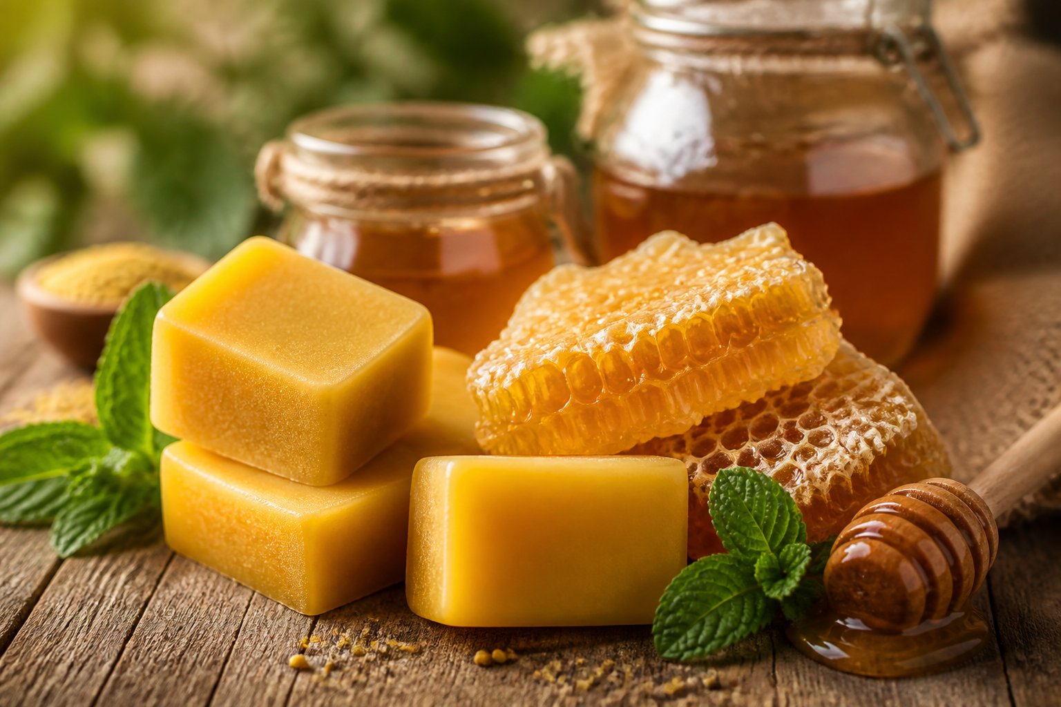 Close-up of natural beeswax blocks and honeycomb on a wooden surface with honey jars and a wooden honey dipper.