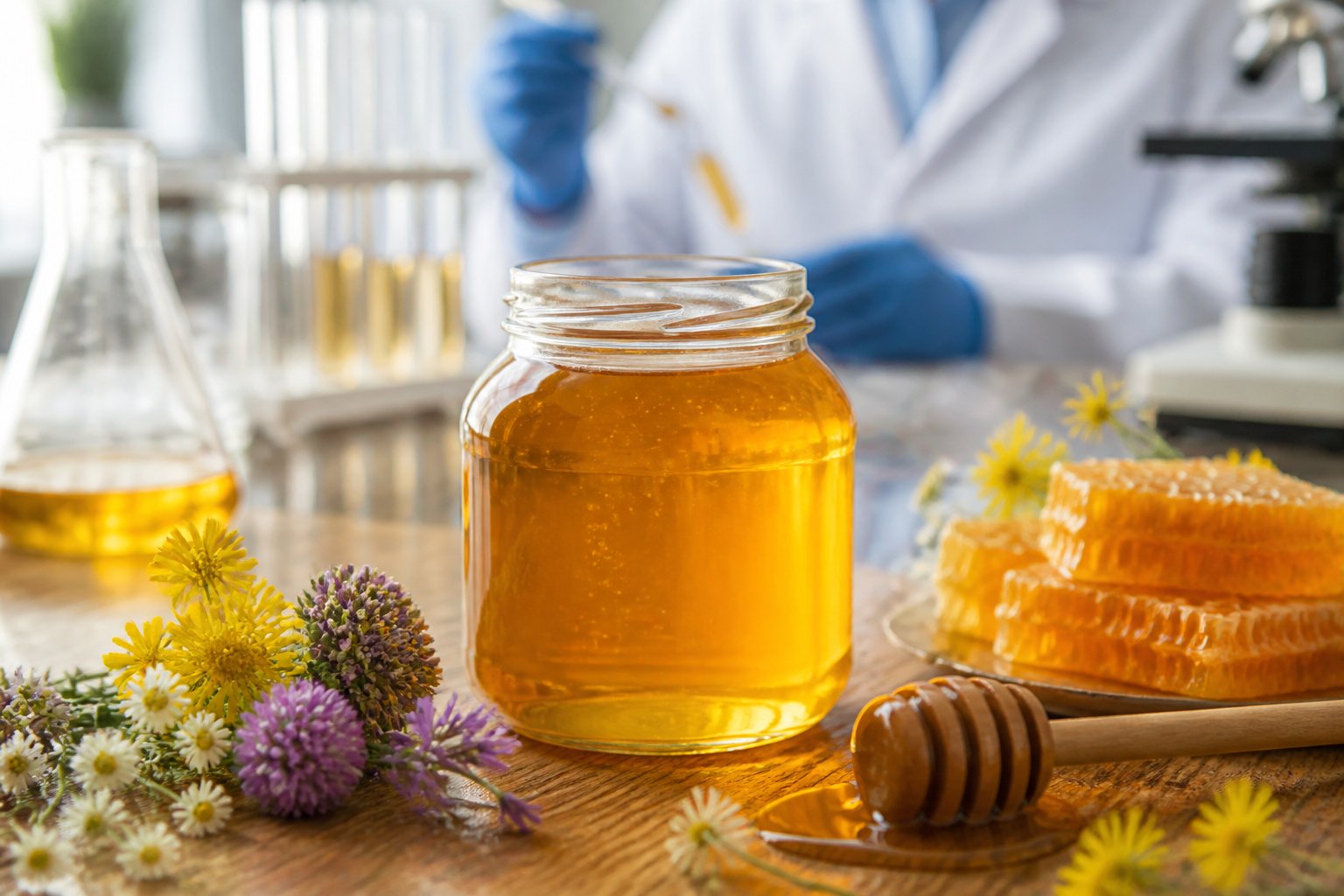 A jar of honey with wildflowers, honeycomb, and a honey dipper on a wooden table, with scientific glassware and a person in gloves blurred in the background.