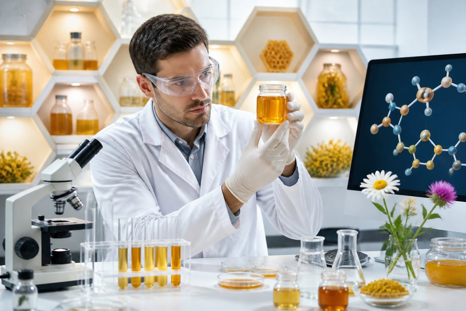 Scientist in a lab coat examining a jar of honey-like liquid in a laboratory with scientific equipment and honeycomb-shaped shelves holding jars and plant ingredients.