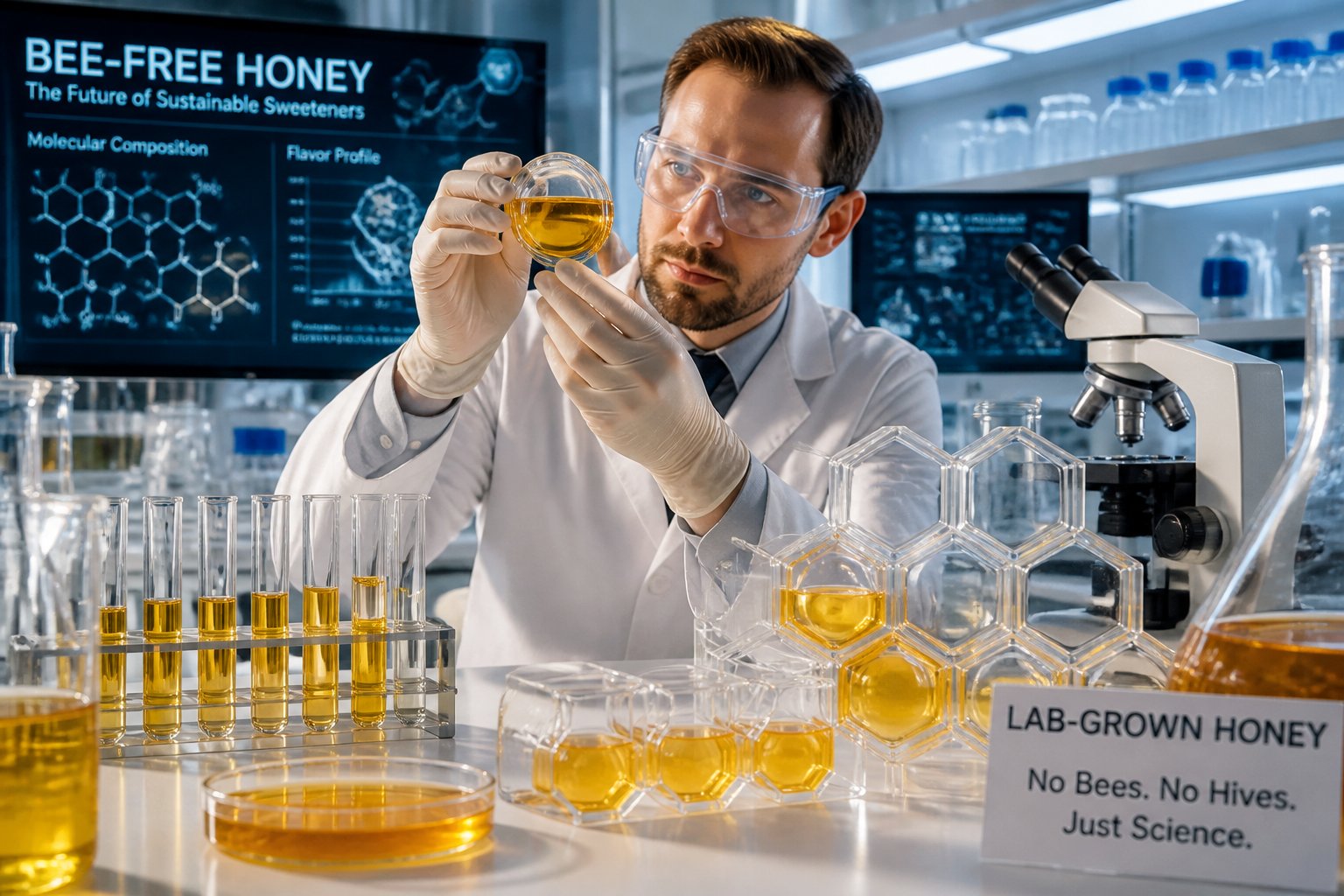 A scientist in a lab coat examines synthetic honey in a modern laboratory with honeycomb-shaped glass structures and scientific equipment.