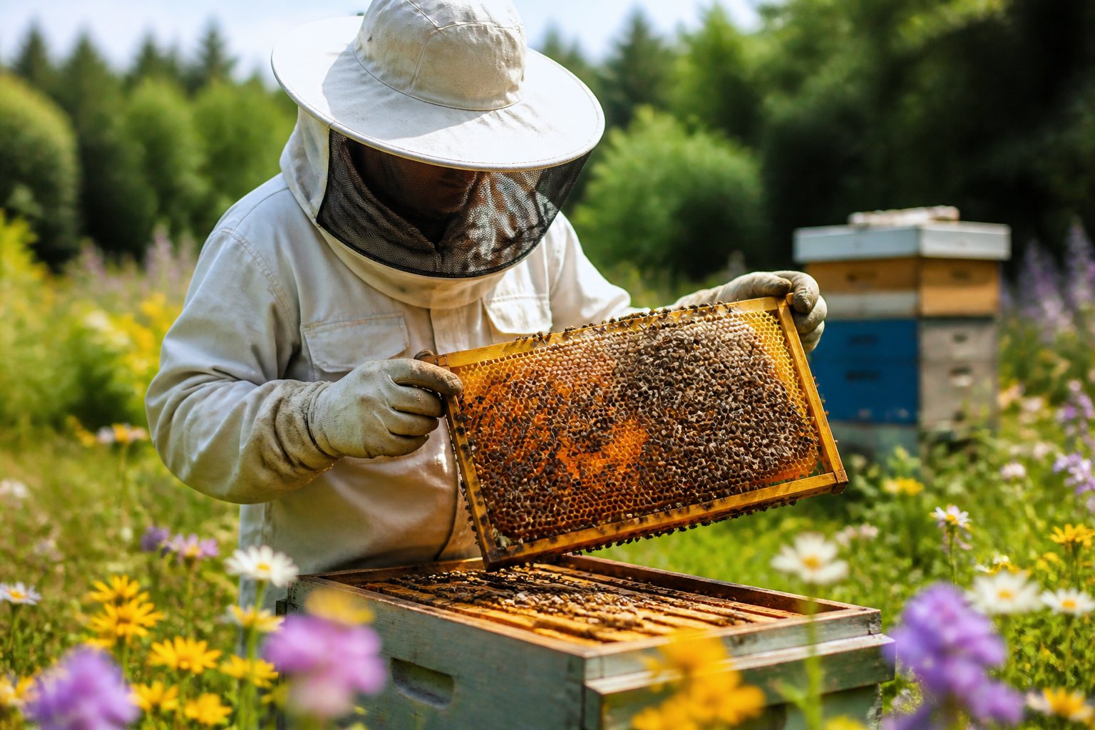 A beekeeper in protective clothing inspecting a beehive with bees and honeycombs surrounded by wildflowers.