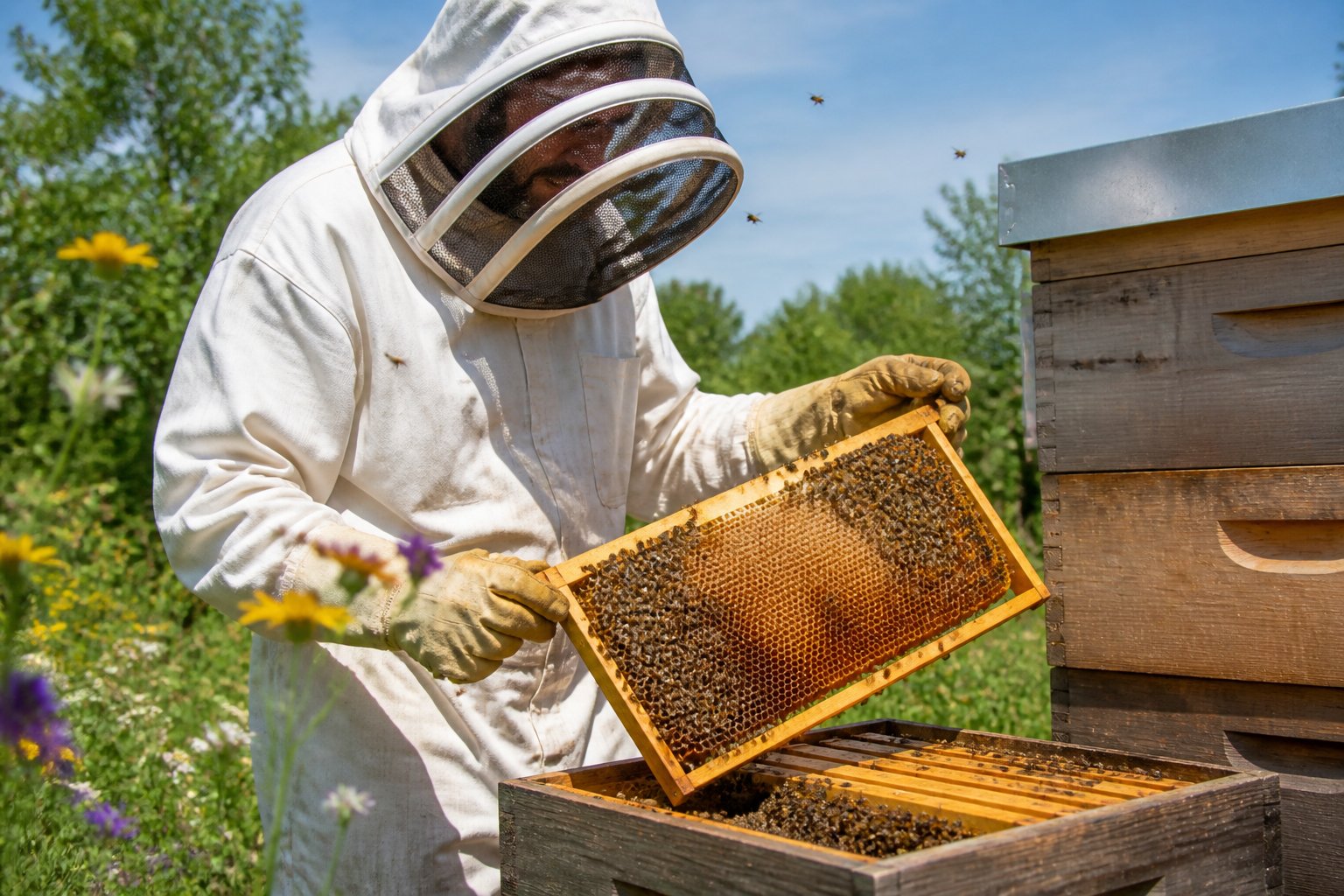 A beekeeper in protective clothing inspecting a honeycomb frame from a wooden beehive outdoors surrounded by plants and bees flying around.