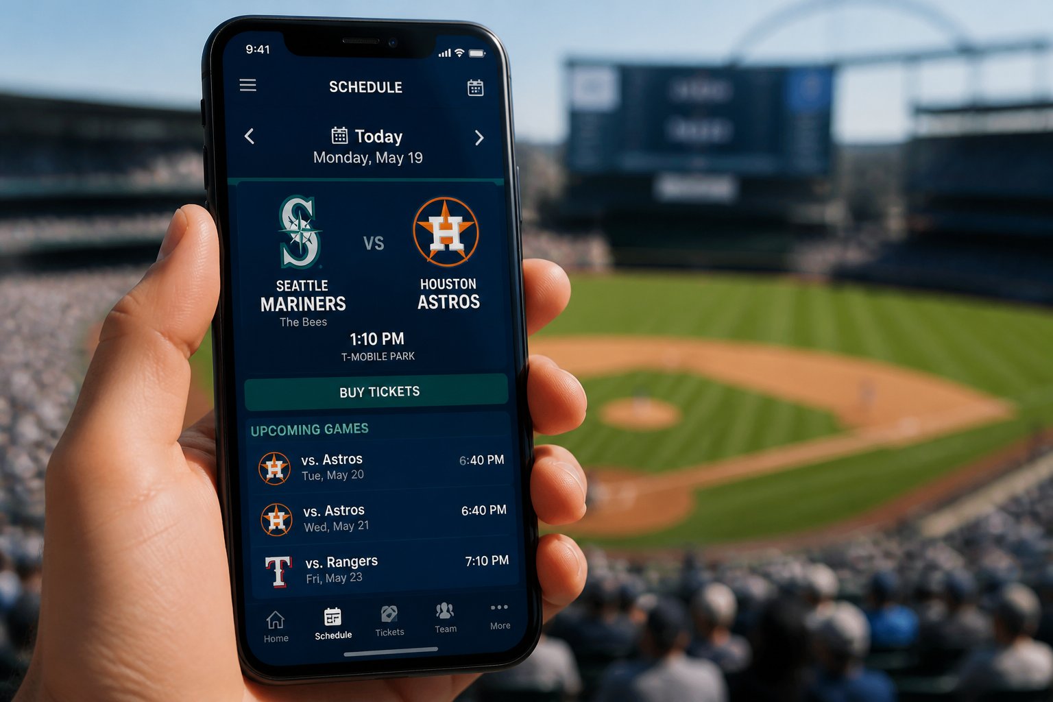 A hand holding a smartphone displaying today's baseball game schedule with a baseball stadium in the background.