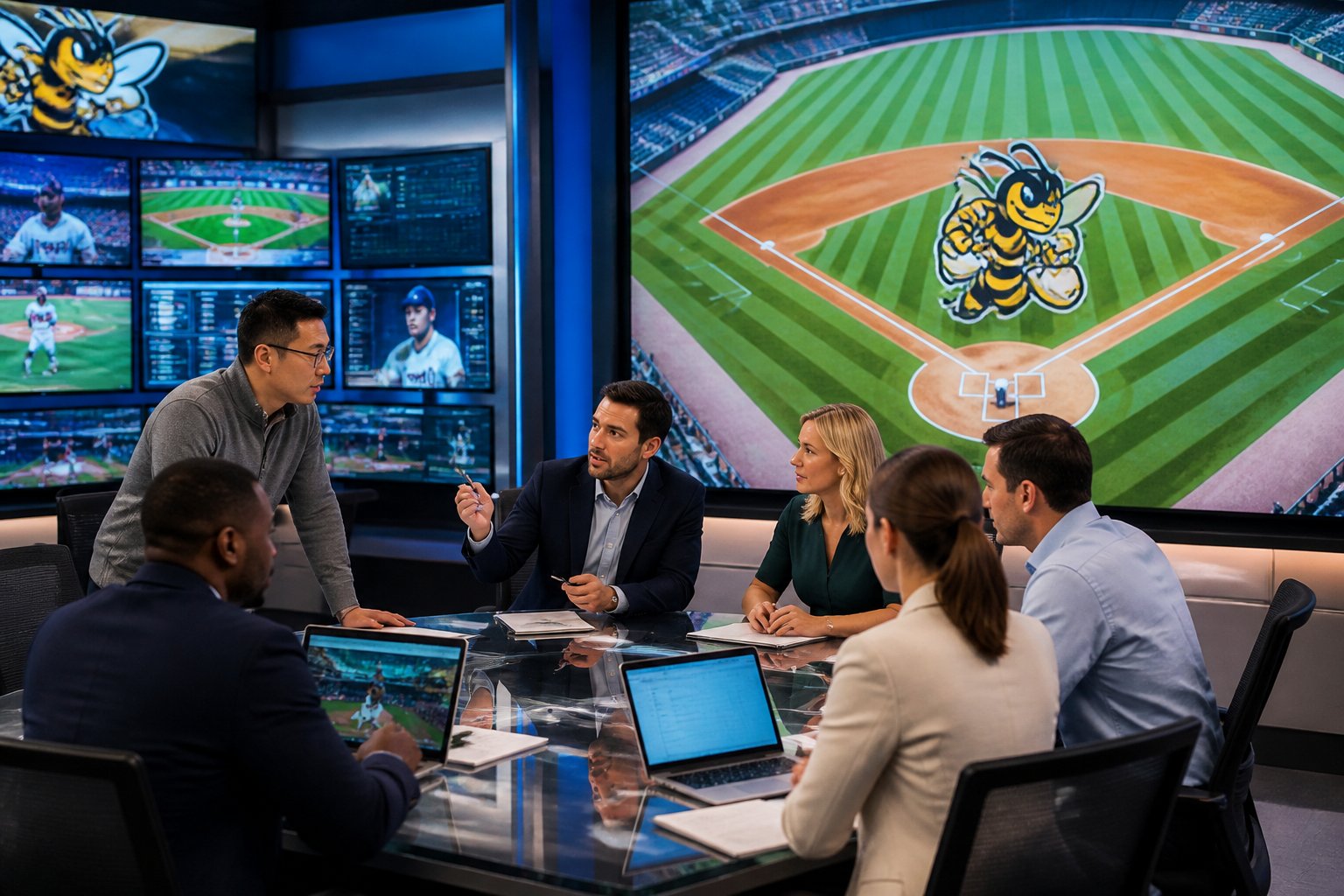 A group of sports analysts in a newsroom reviewing baseball game details on digital screens.