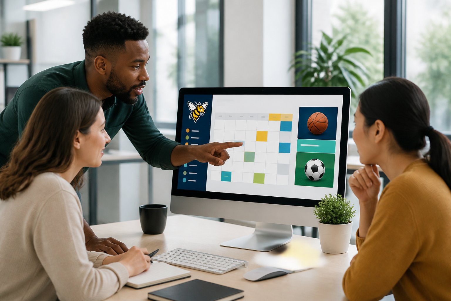 Three people in an office looking at a computer screen showing a calendar and sports app icons, discussing and pointing to the schedule.