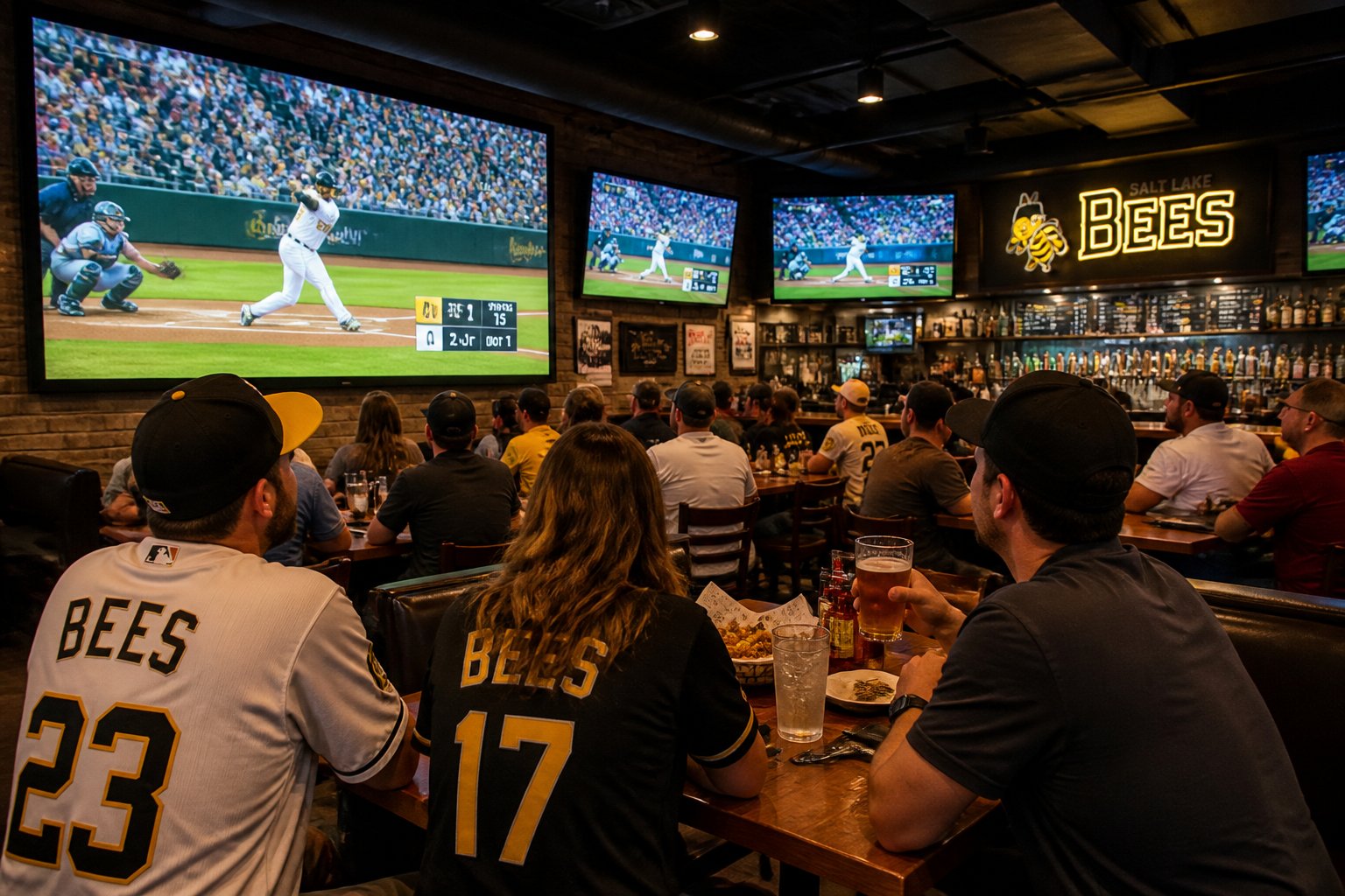 Fans watching a baseball game on multiple TVs inside a lively sports bar.