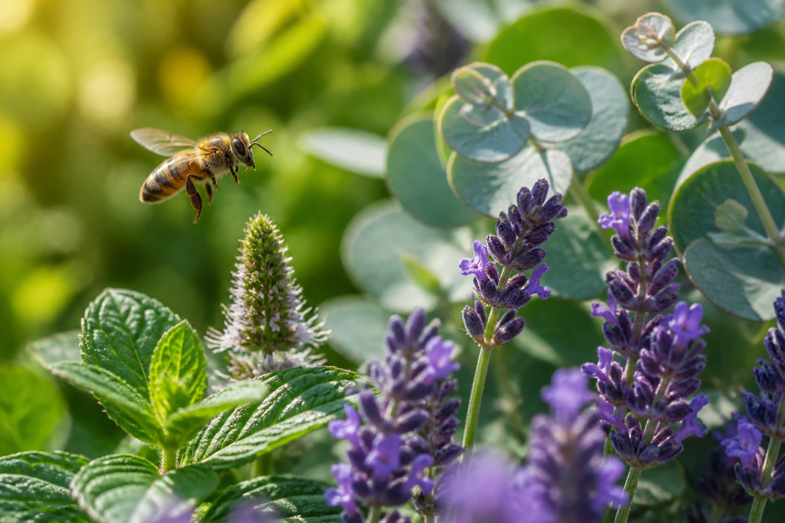 A honeybee flying near flowers in a garden, avoiding certain plants like lavender and mint.