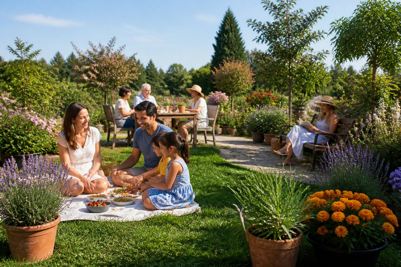 People enjoying a sunny garden with flowers and plants that help keep bees away.