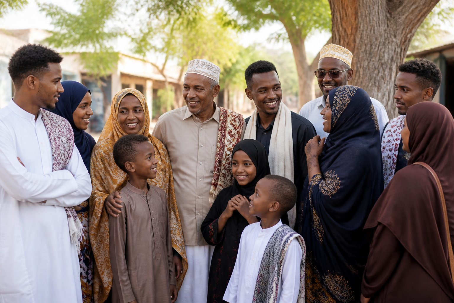 A group of people from the Beesha Shan Caleemood community gathered outdoors, smiling and interacting in a warm, natural setting.