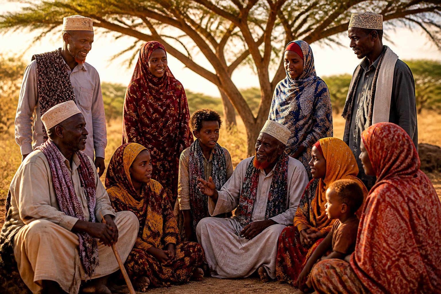 A group of people in traditional Somali clothing gathered outdoors, interacting warmly in a natural landscape with trees and sunlight.