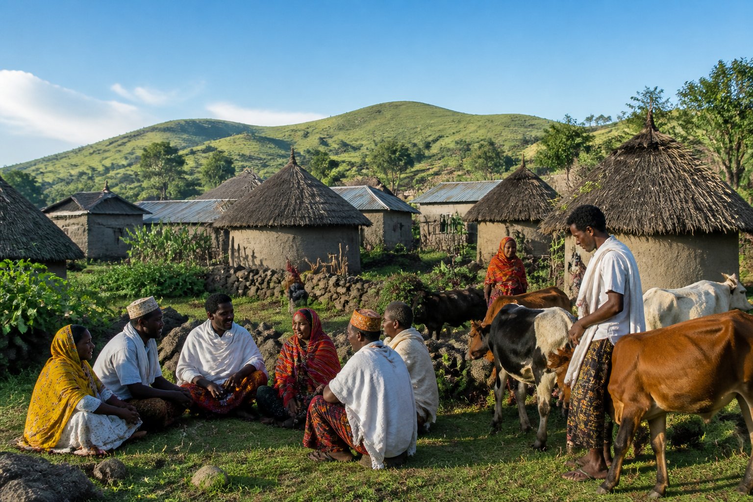 A rural landscape with traditional houses and people from the Beesha Shan Caleemood community engaged in daily activities outdoors.