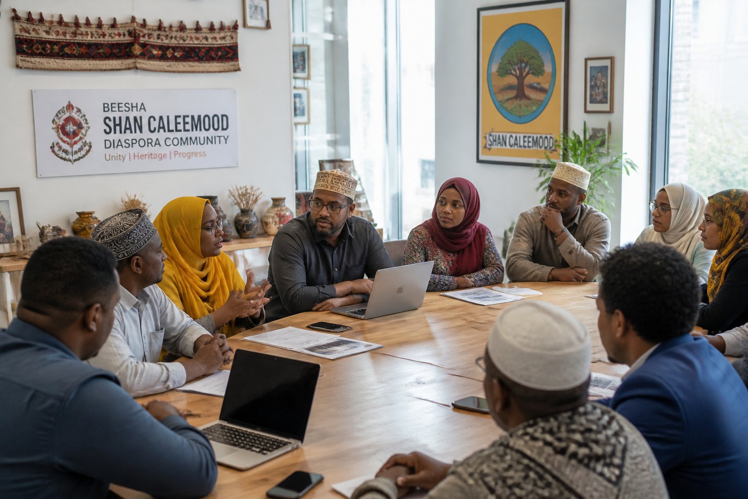 A diverse group of people sitting around a table in a community center, engaged in discussion and collaboration.
