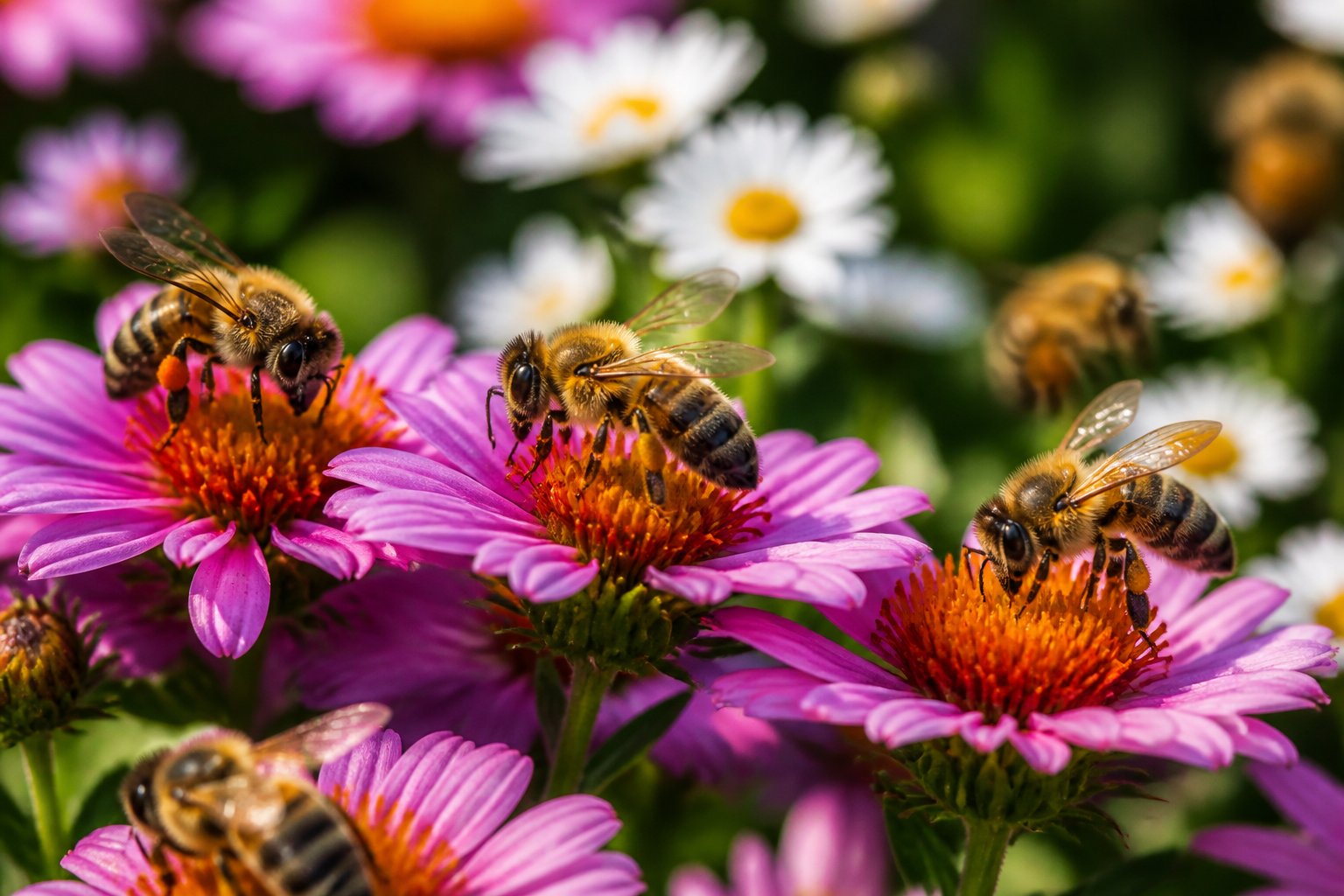 Close-up of several bees on blooming flowers in a sunlit garden.