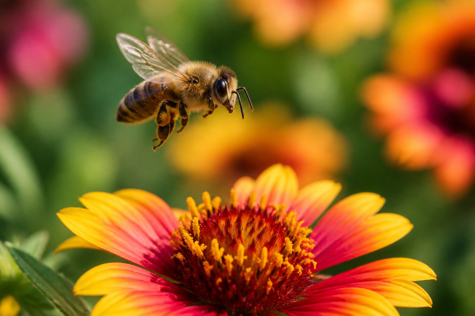 A bee hovering above a colorful flower in a sunlit garden.