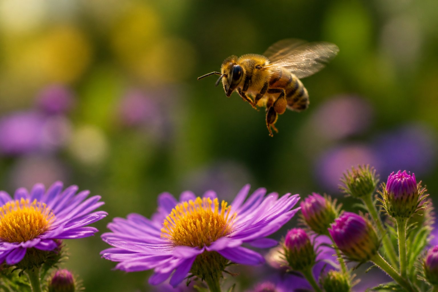 A close-up of a bee flying above colorful flowers in a sunlit garden.