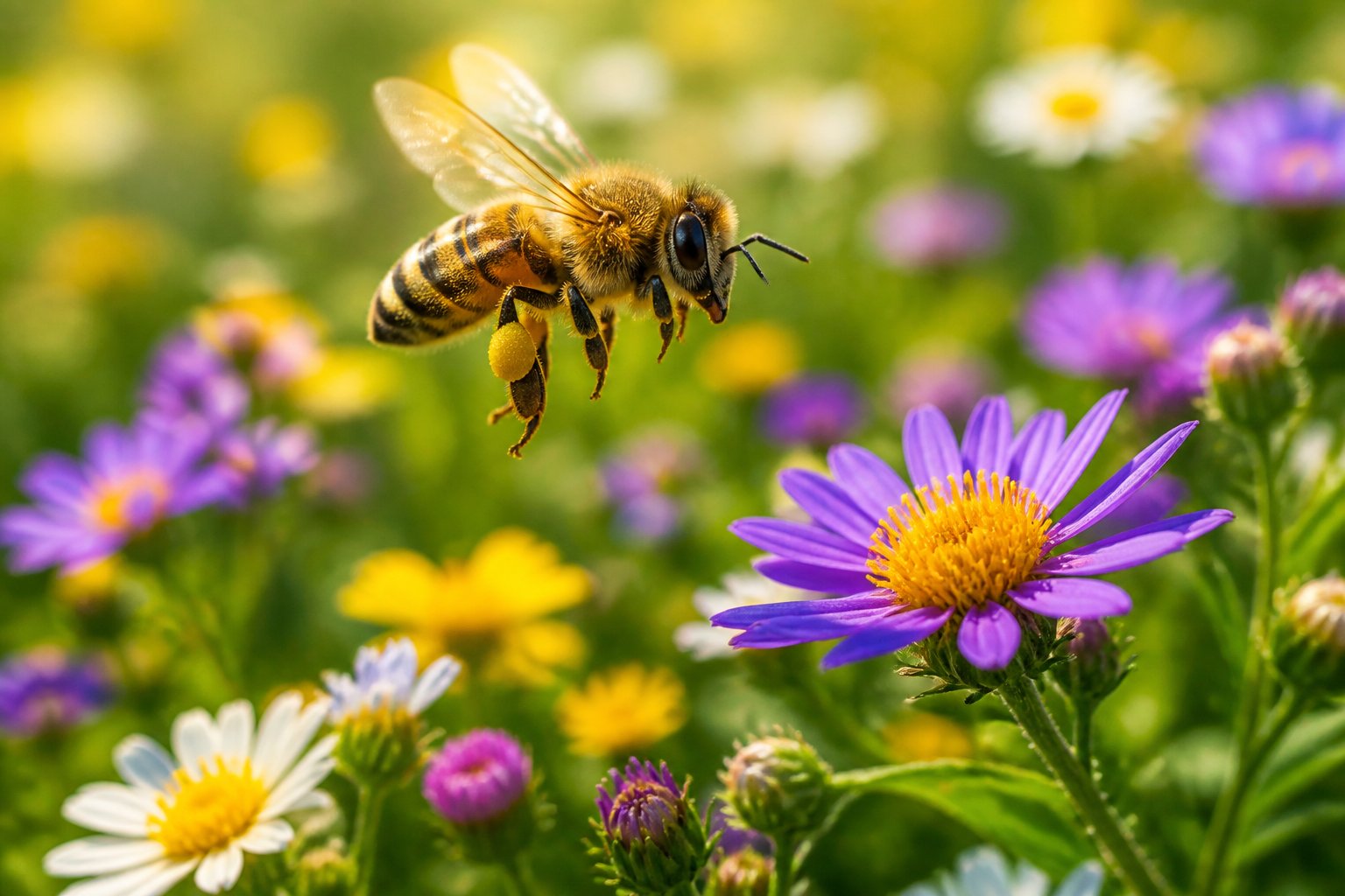 A honeybee flying above colorful wildflowers in a sunny outdoor setting.