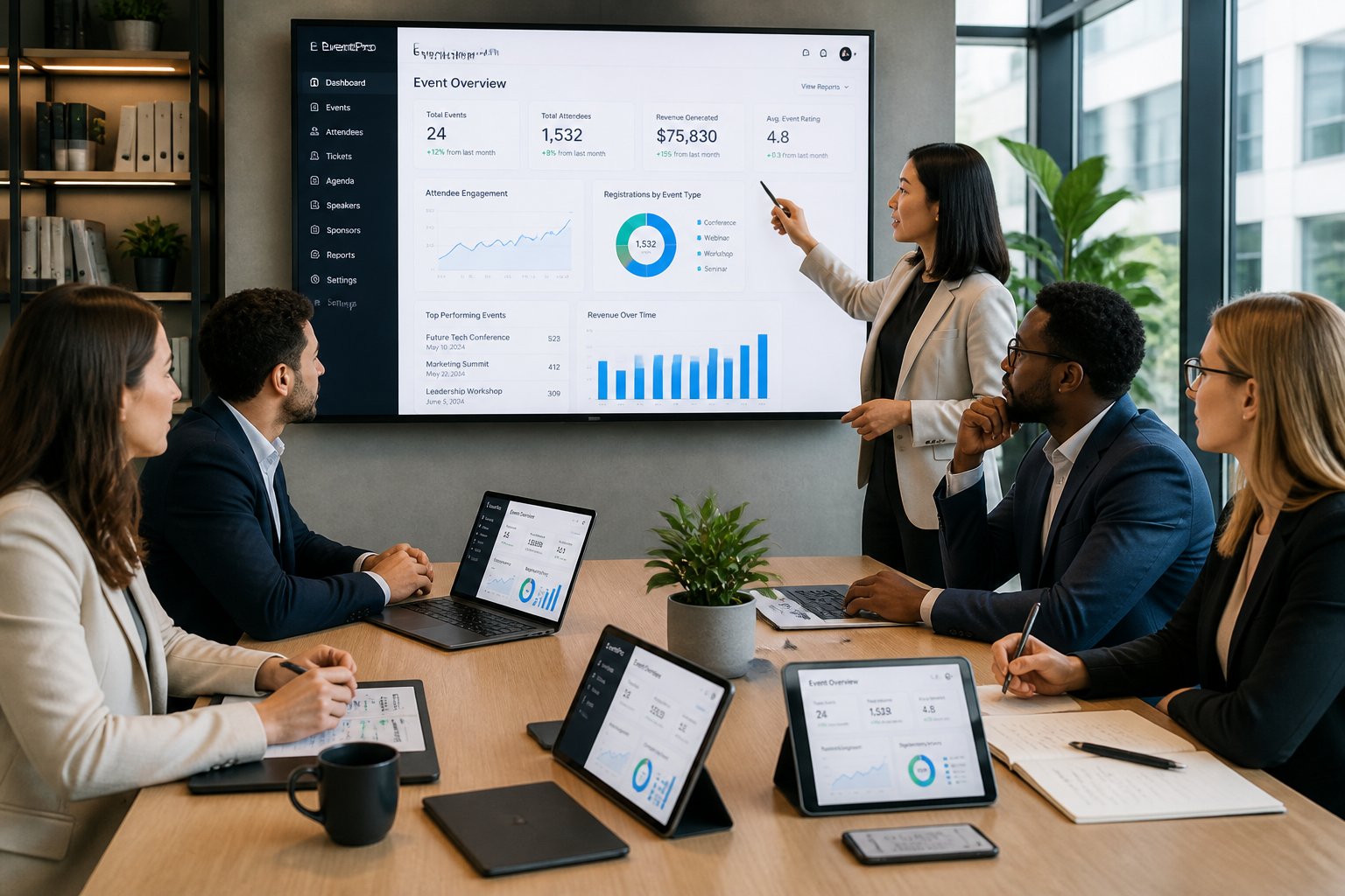 A group of business professionals in a meeting room discussing event analytics displayed on a large screen.