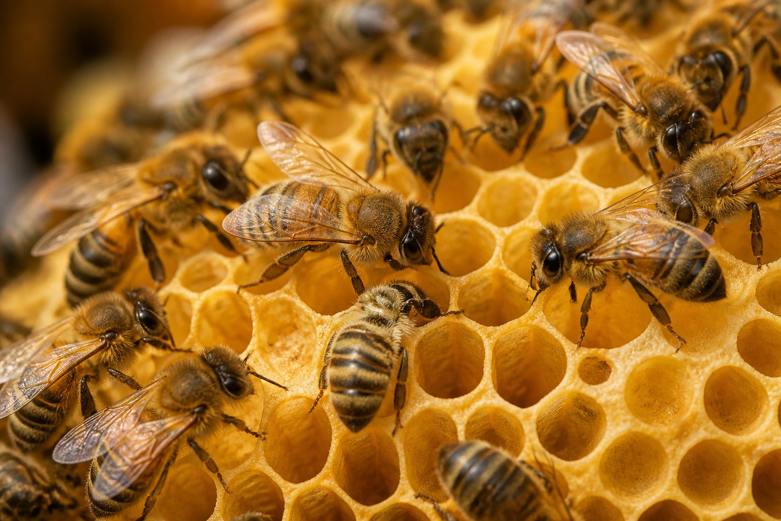 Close-up of honeybees building hexagonal wax cells to form a honeycomb.
