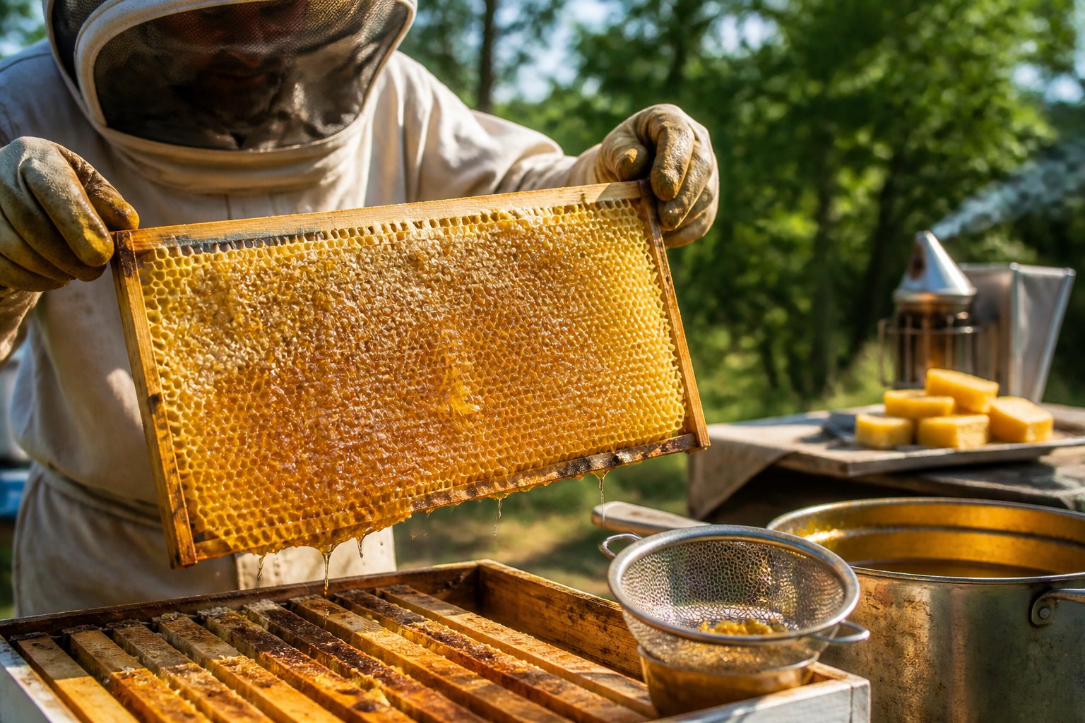 A beekeeper in protective gear handling a honeycomb frame from a beehive with tools and containers for processing beeswax nearby.