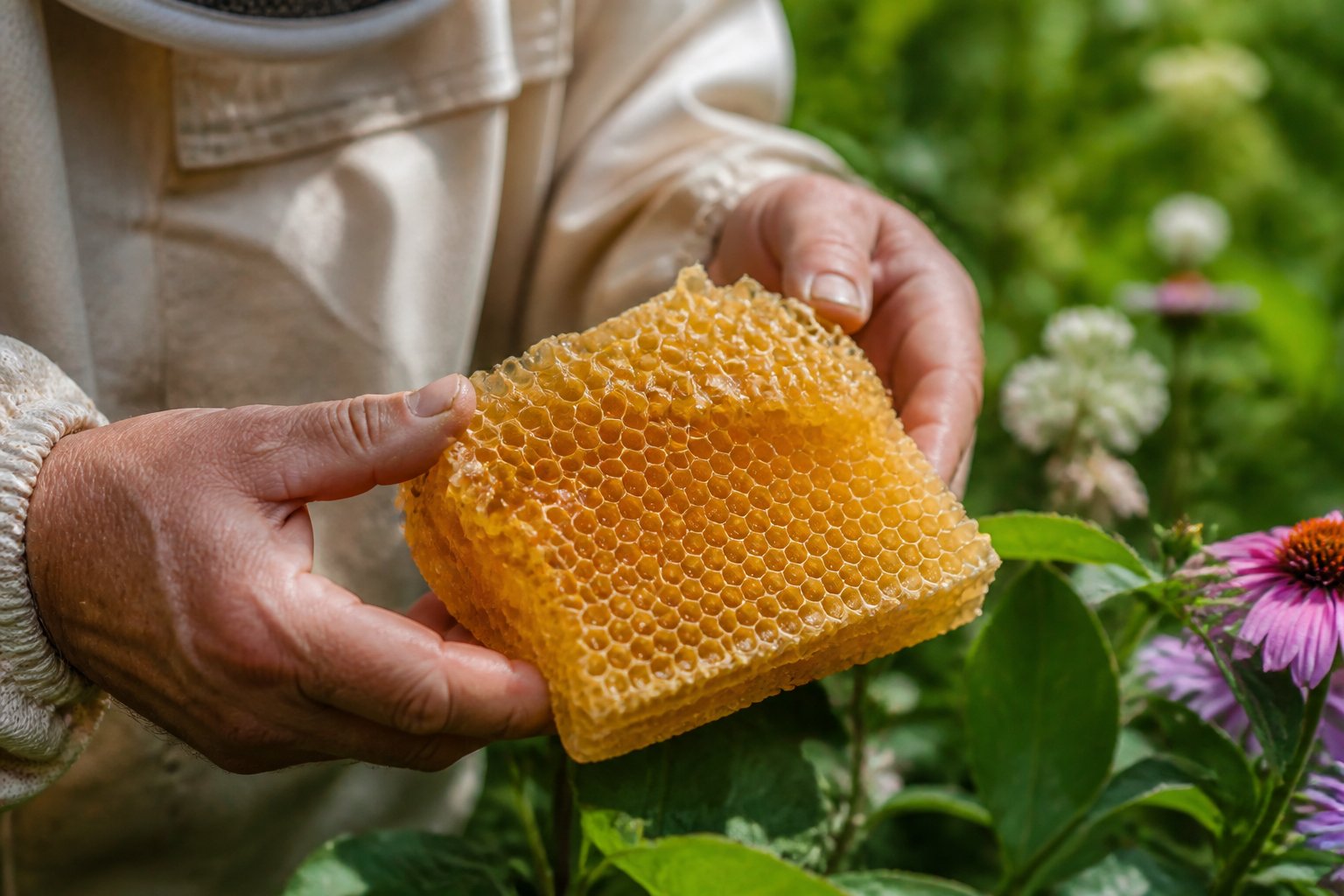 Close-up of hands holding a natural beeswax block with honeycomb patterns, surrounded by green leaves and flowers.