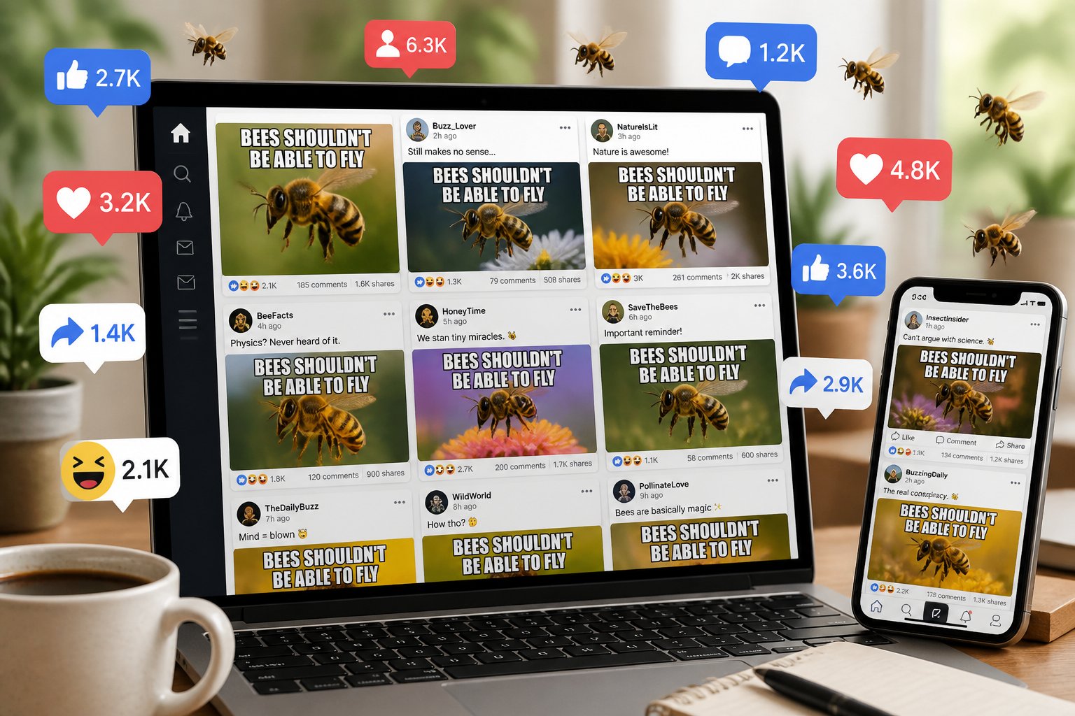 A computer screen showing bee-related images and social media icons indicating online sharing, with bees flying in the background and a modern workspace setting.