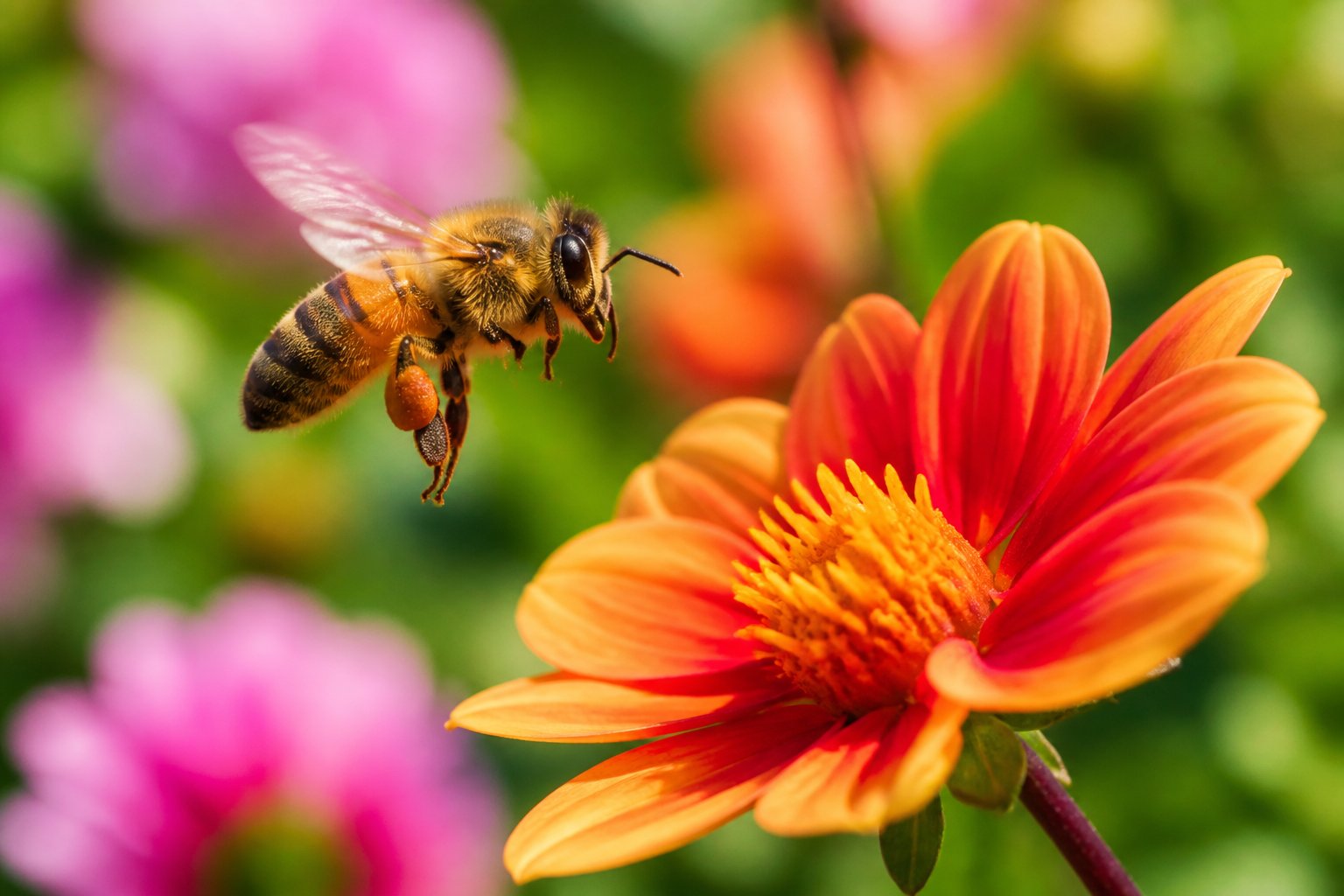 A bee flying above a flower in a garden with green foliage and colorful blossoms in the background.