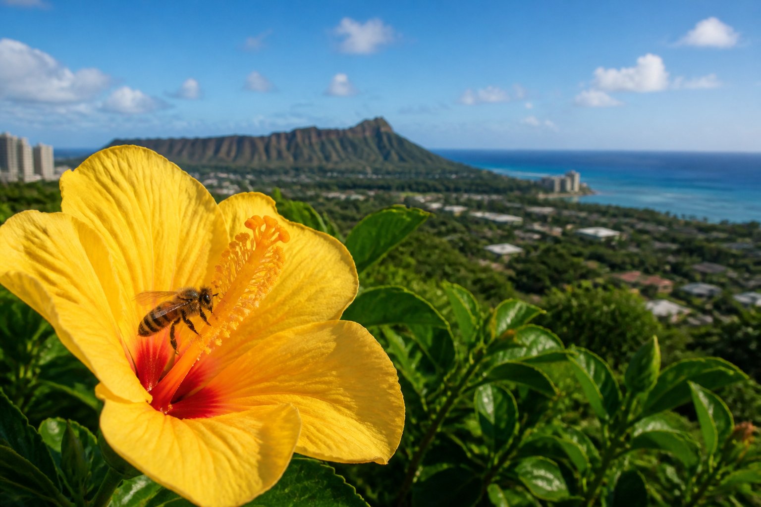 A close-up of a bee on a yellow hibiscus flower with Hawaiian landmarks and ocean in the background.