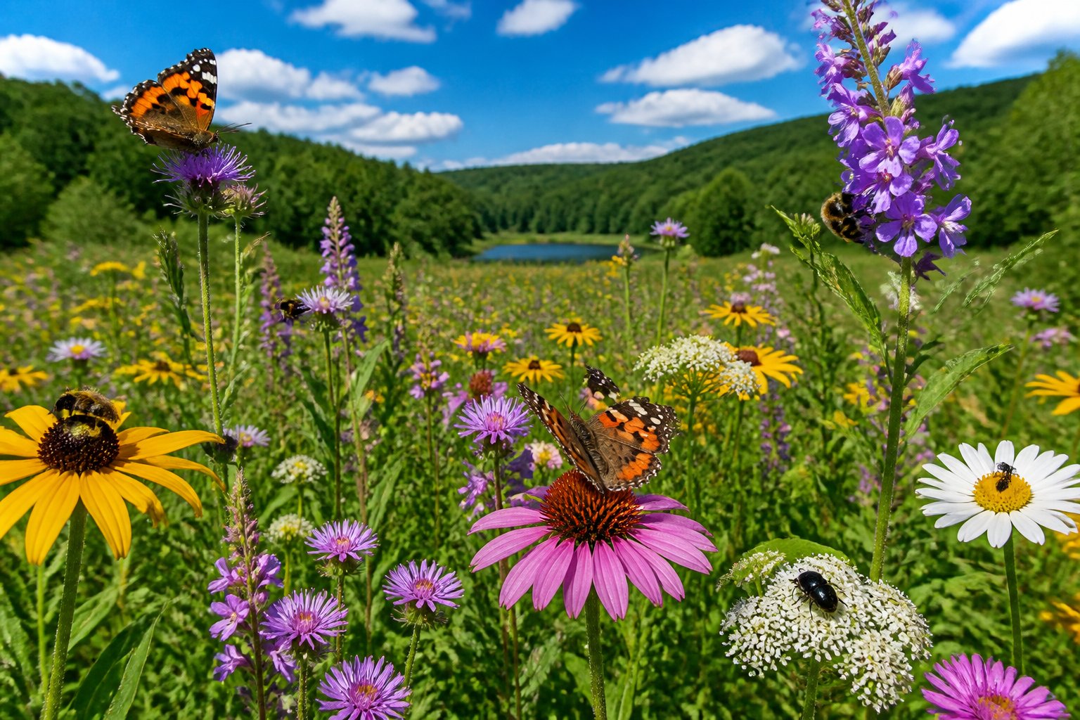 A colorful meadow with various flowers, butterflies, beetles, and a few bees, set against a forest and blue sky background.