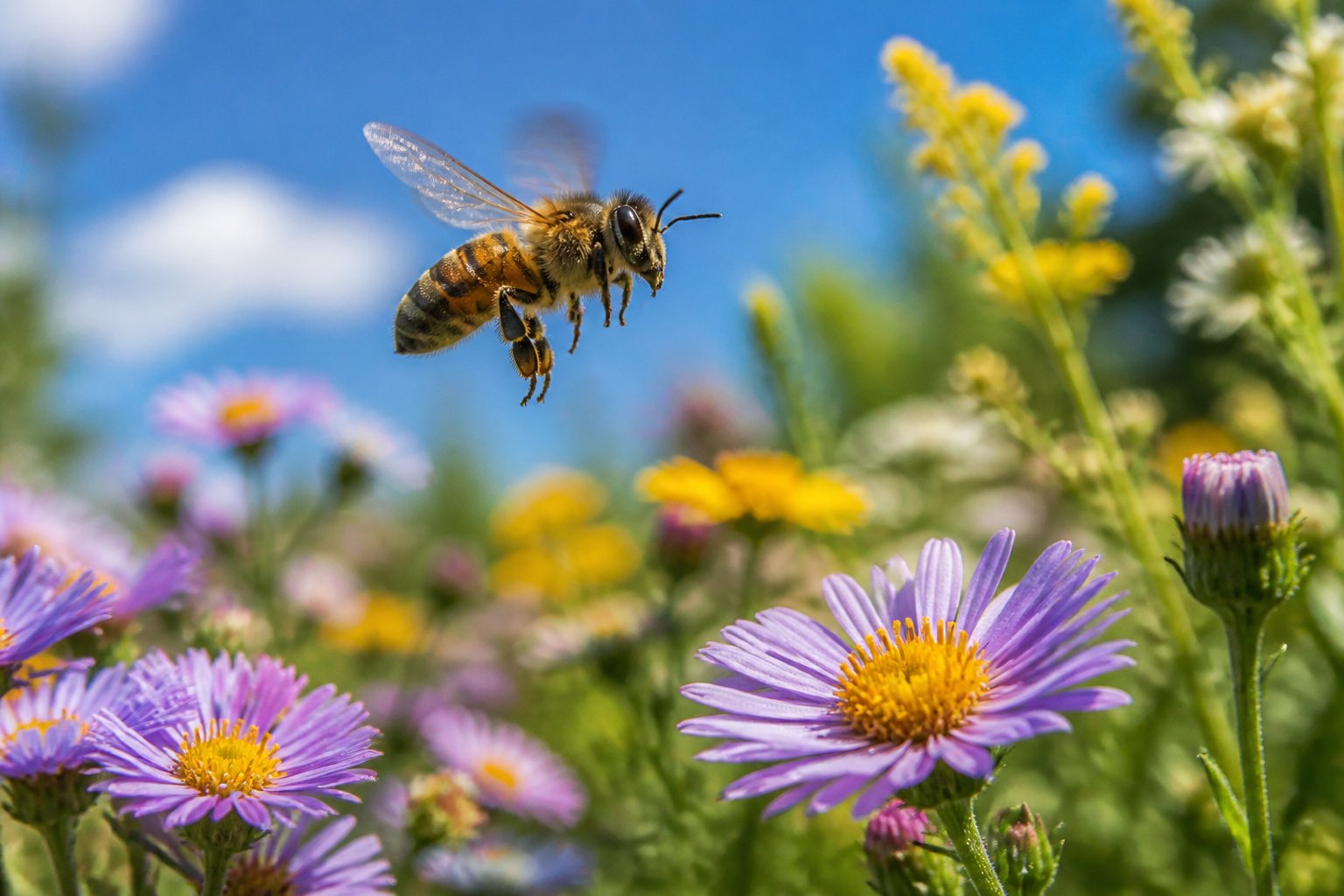 Close-up of a honeybee flying over colorful flowers in a sunny field.