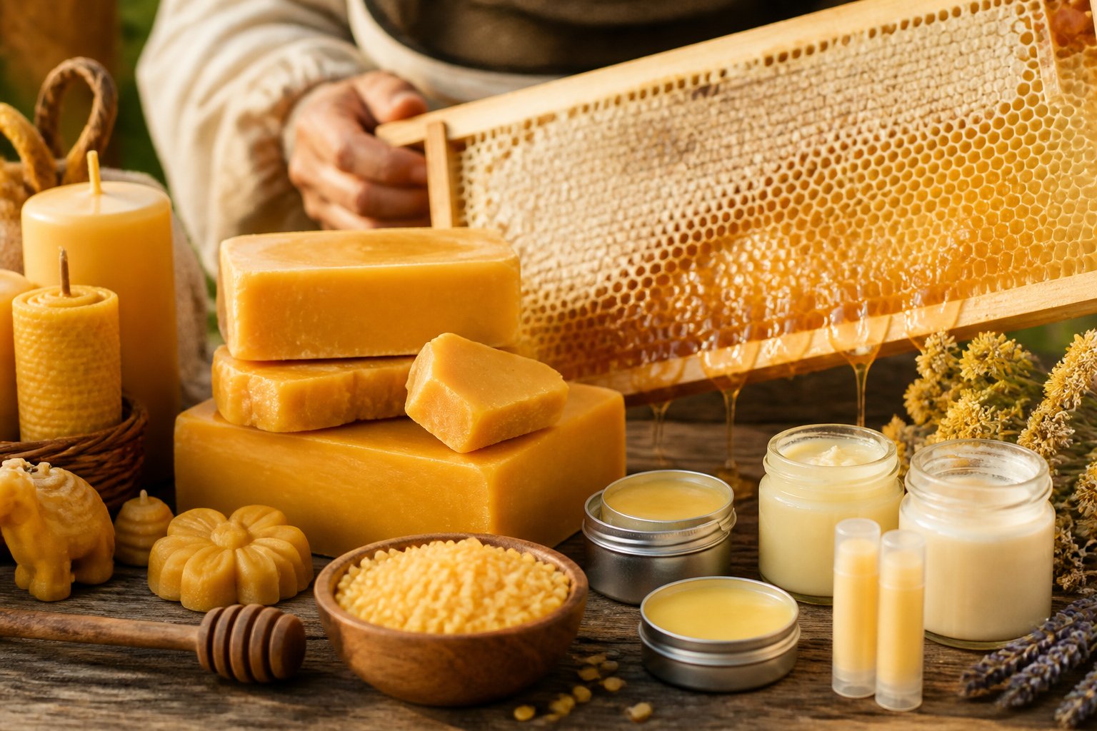 Close-up of beeswax blocks, beeswax candles, natural skincare products, and a beekeeper holding a honeycomb frame.