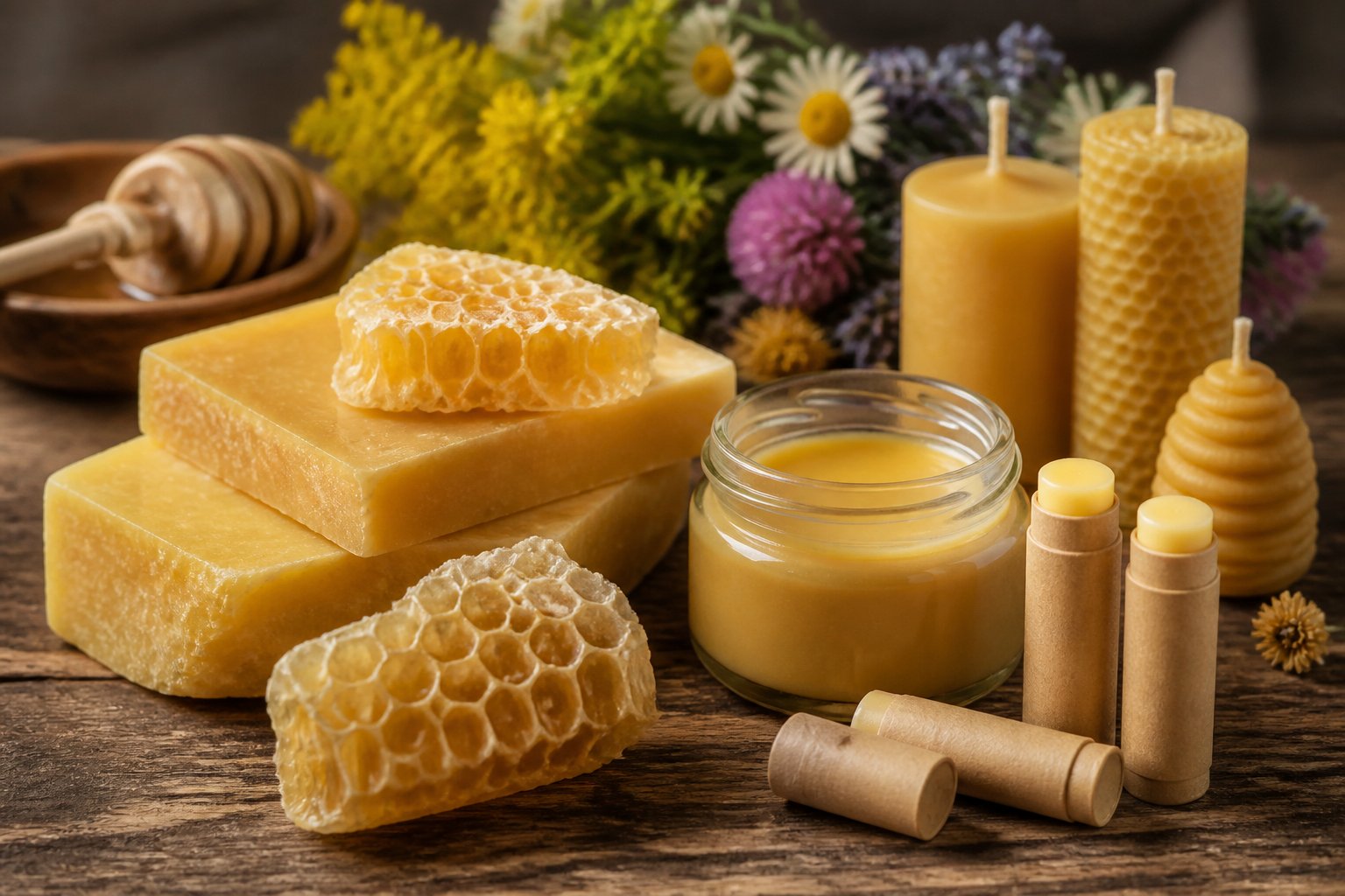 Close-up of beeswax blocks, honeycomb, beeswax candles, lip balms, and polish arranged on a wooden table with natural lighting.
