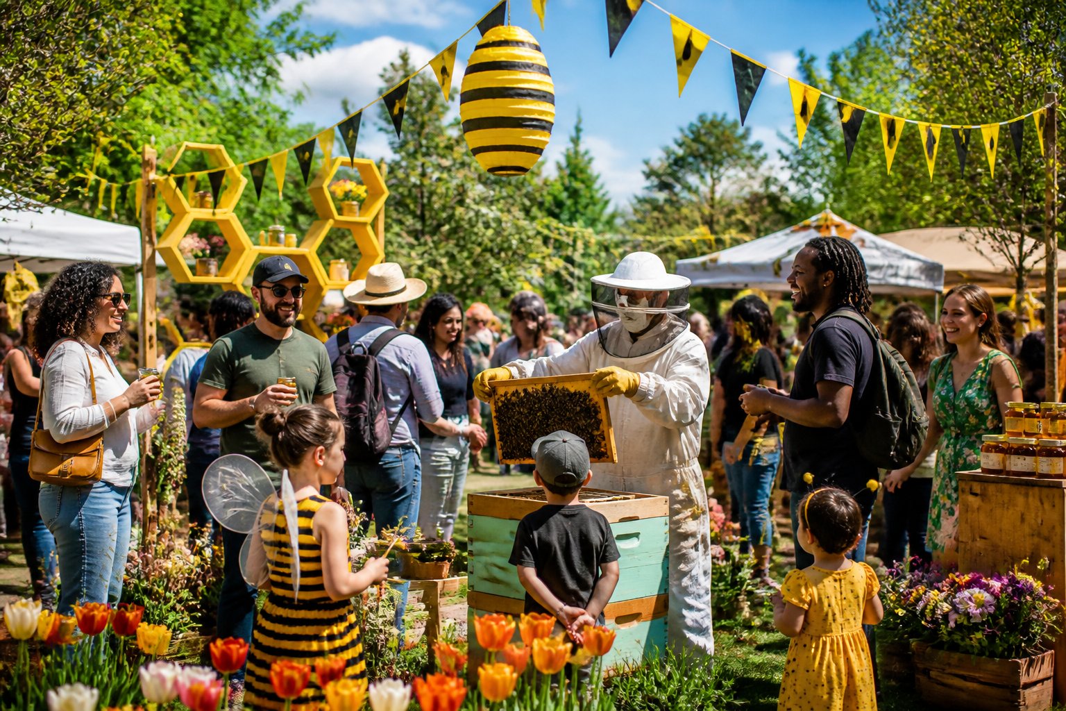 A lively outdoor event with people enjoying bee-themed decorations and activities in a sunny garden setting.