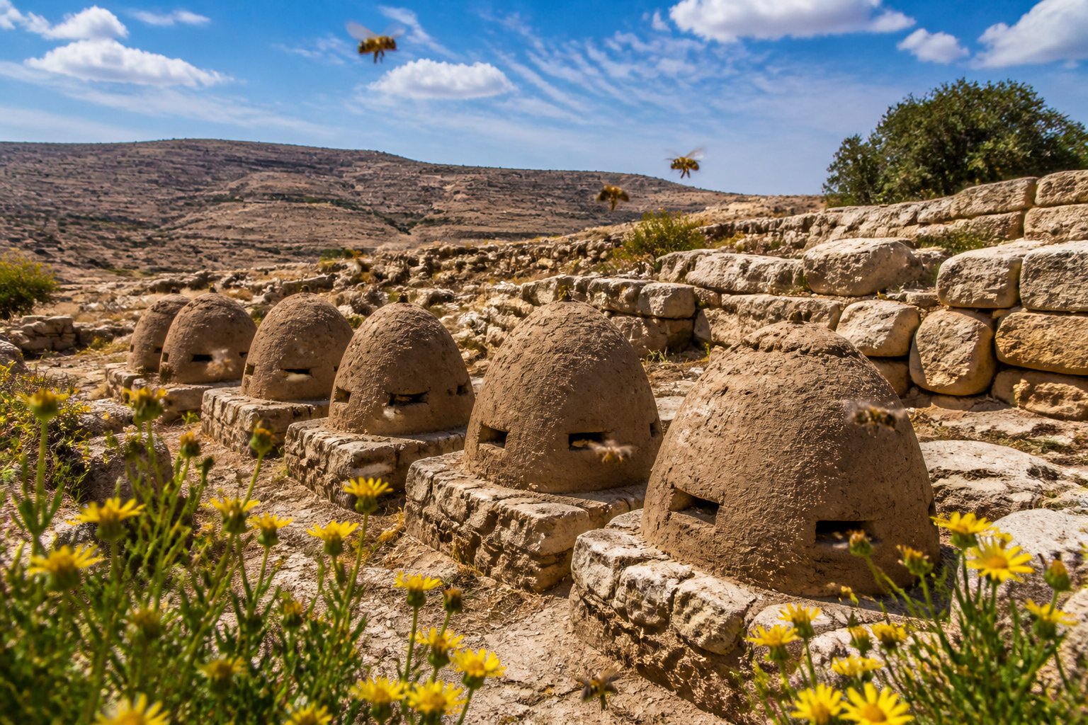 Ancient beehives arranged in rows at an archaeological site in Israel with honeybees flying around and dry vegetation nearby.