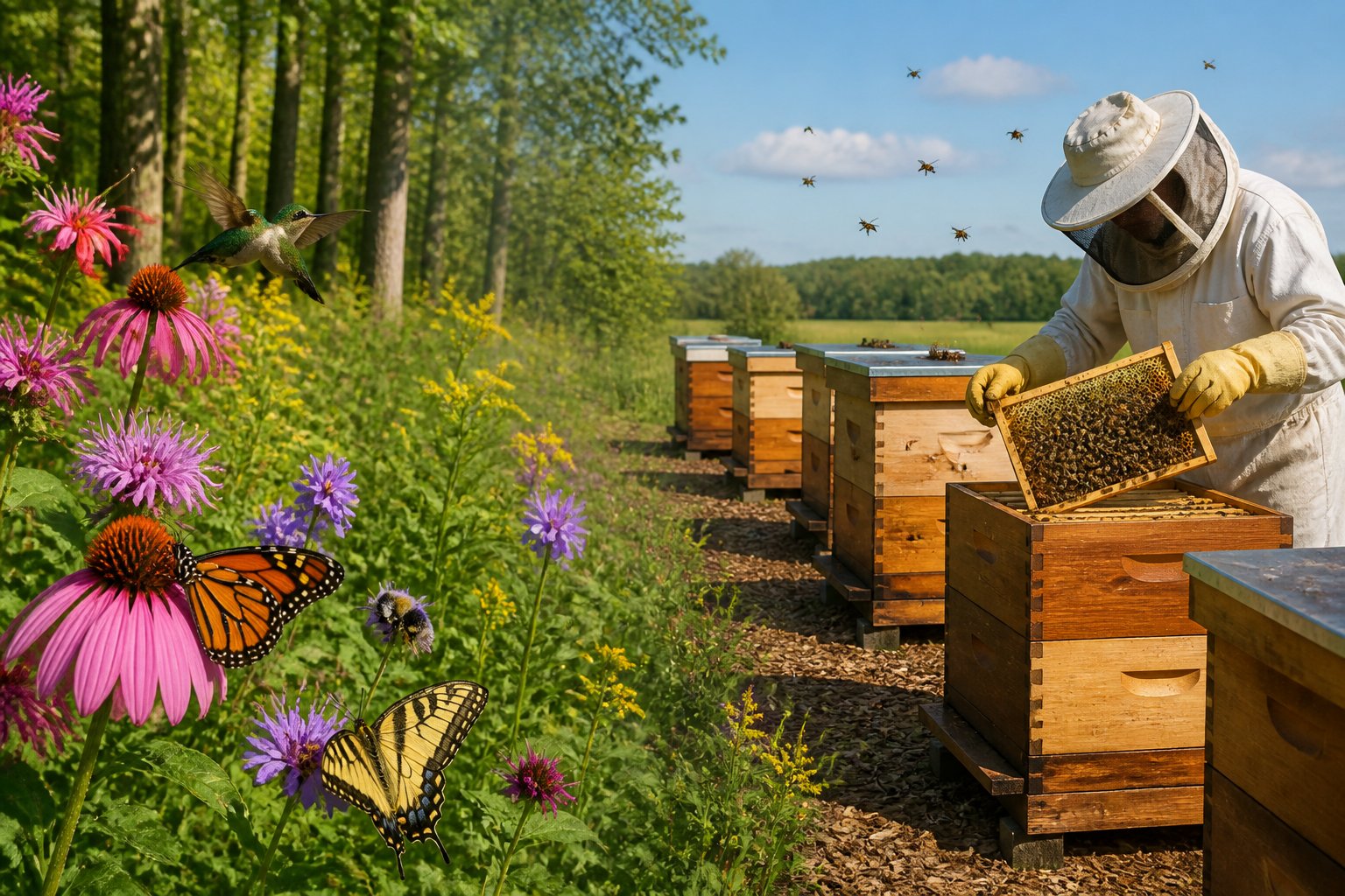 A side-by-side scene showing native pollinators visiting wildflowers on one side and a beekeeper managing European honeybee hives on the other.