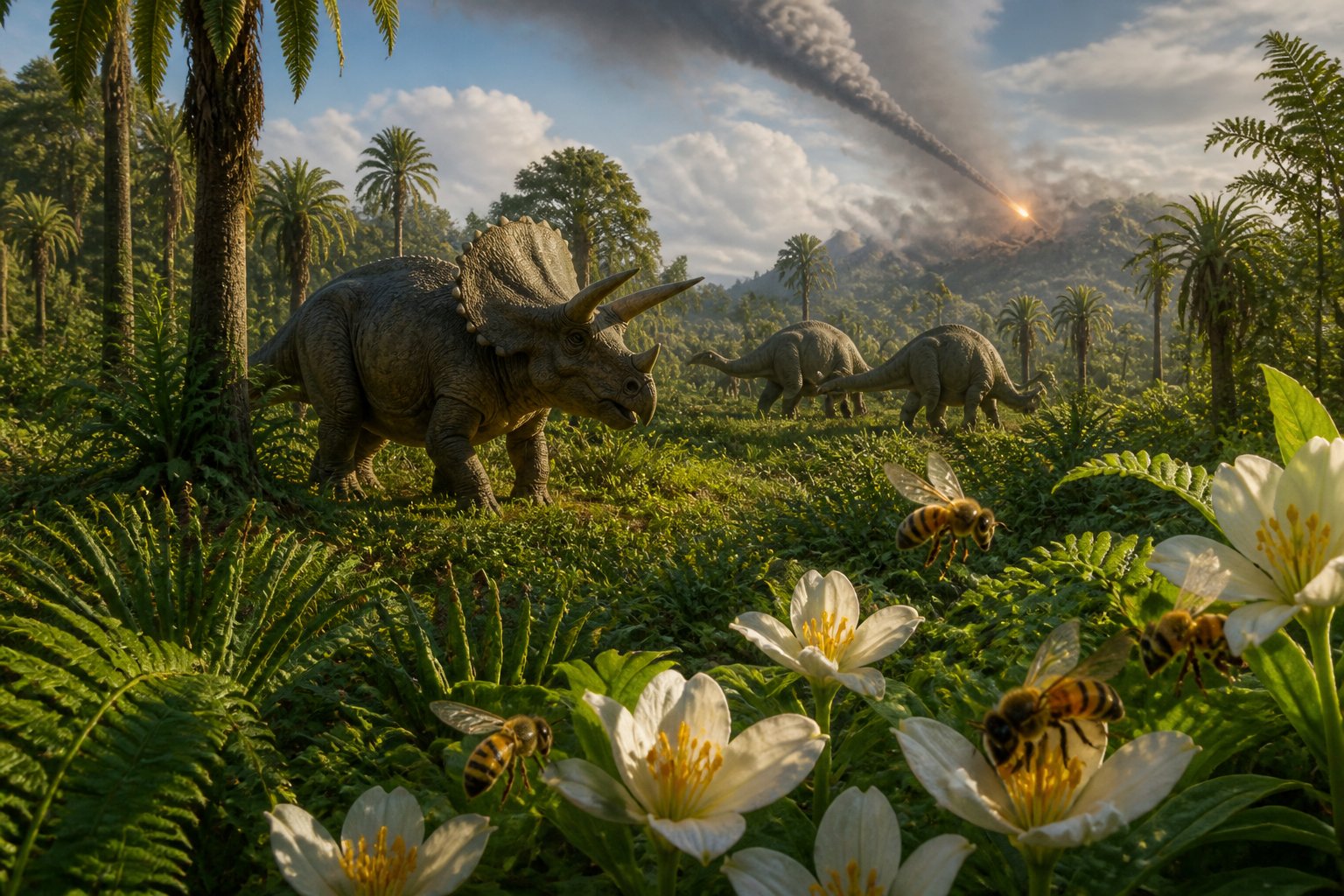 Bees flying around flowering plants in a prehistoric forest with dinosaurs in the background after an asteroid impact.