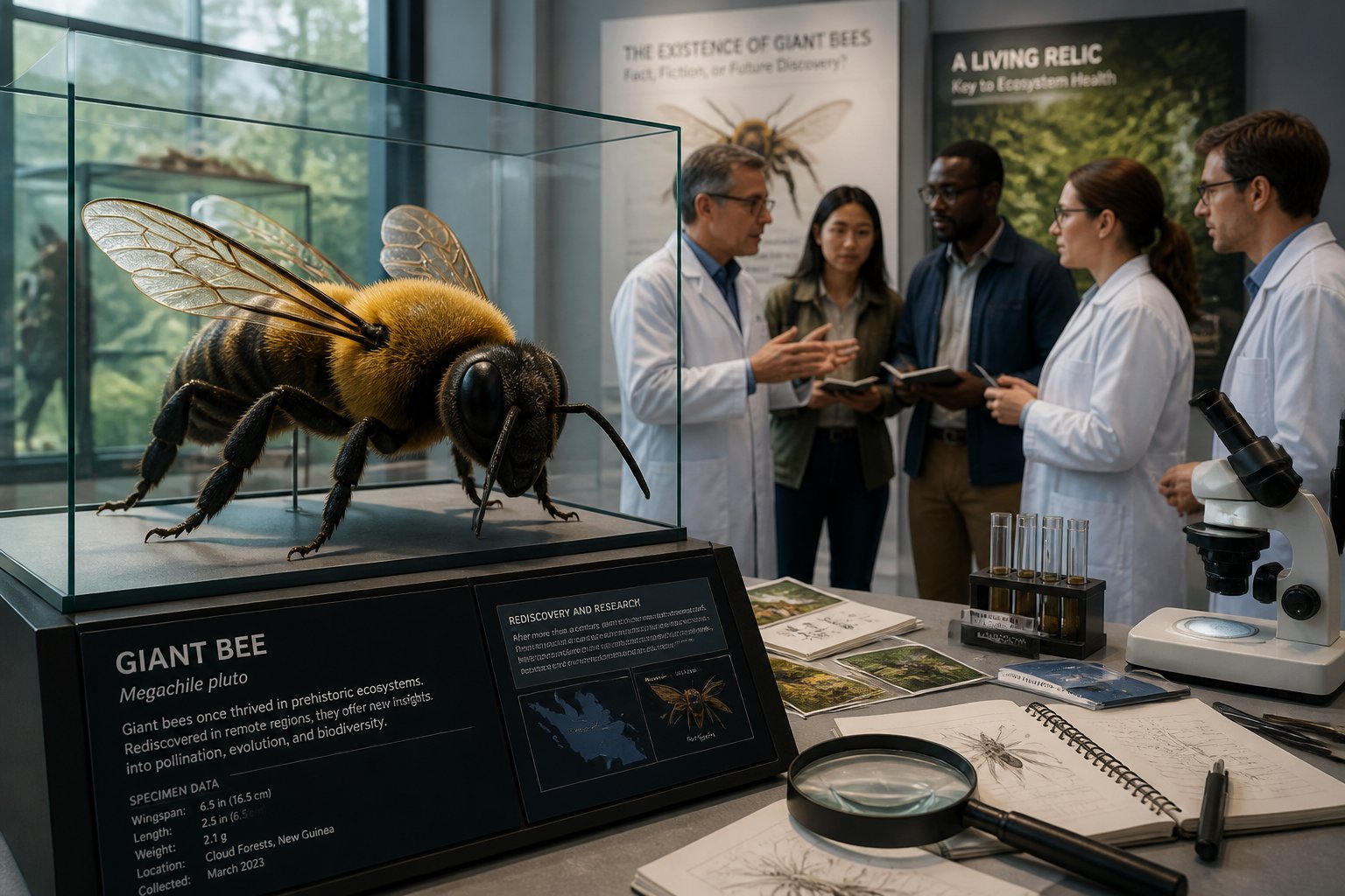 Scientists examining a large model of a giant bee in a museum display case with scientific tools nearby.