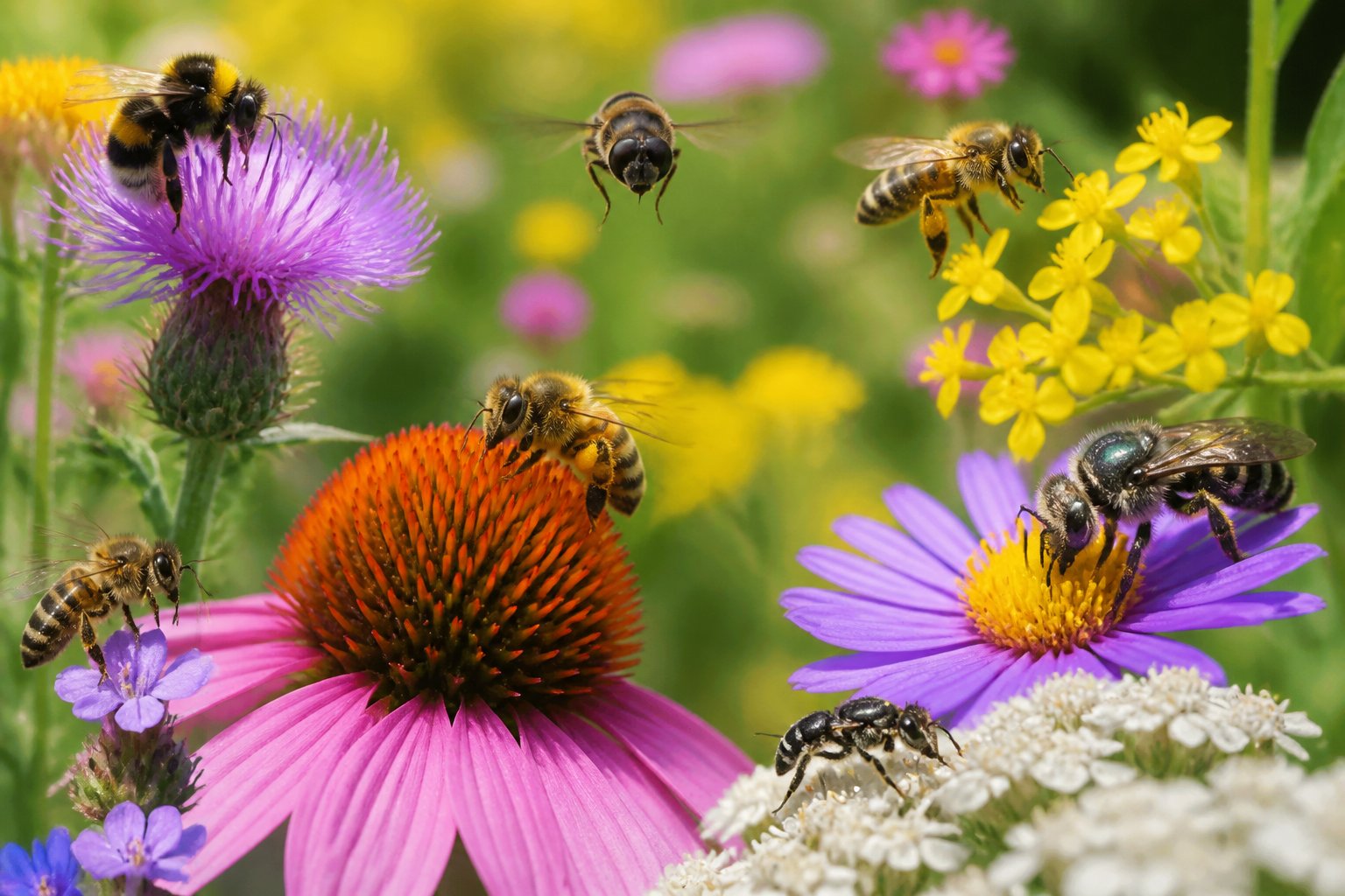 Close-up of bees collecting nectar from colorful flowers in a green meadow.