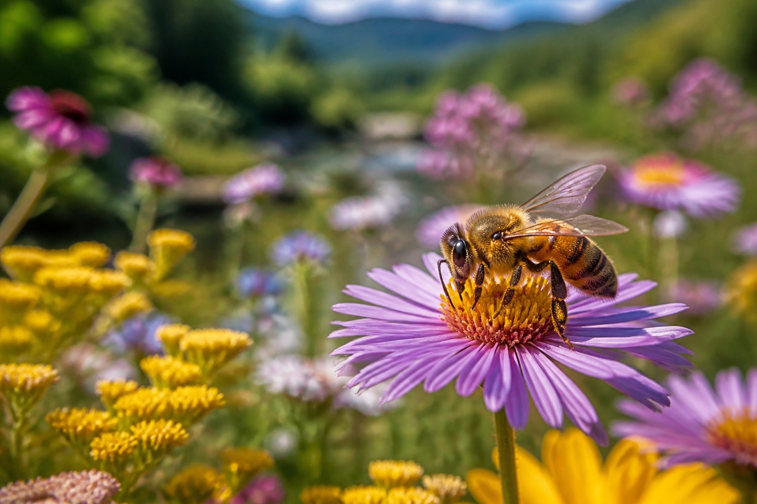 A honeybee collecting nectar from a colorful flower in a meadow with plants and flowers in the background.