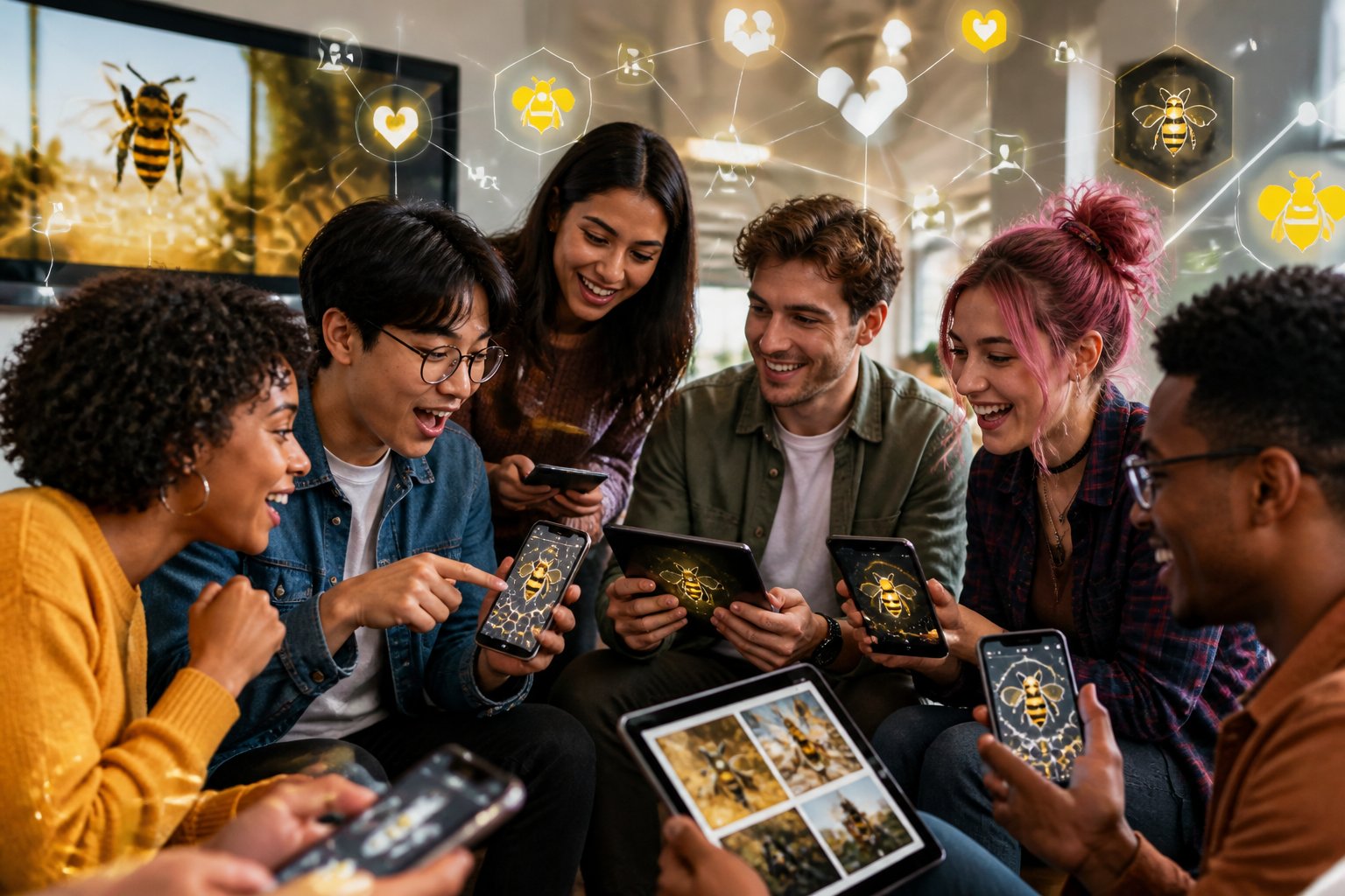 A group of young adults in a bright room enthusiastically sharing and reacting to content on their smartphones and tablets, with digital graphics symbolizing social media connections in the background.