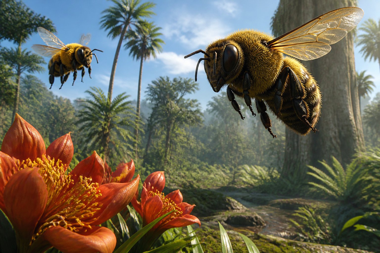 Close-up of oversized bees flying near colorful flowers in a lush prehistoric landscape.